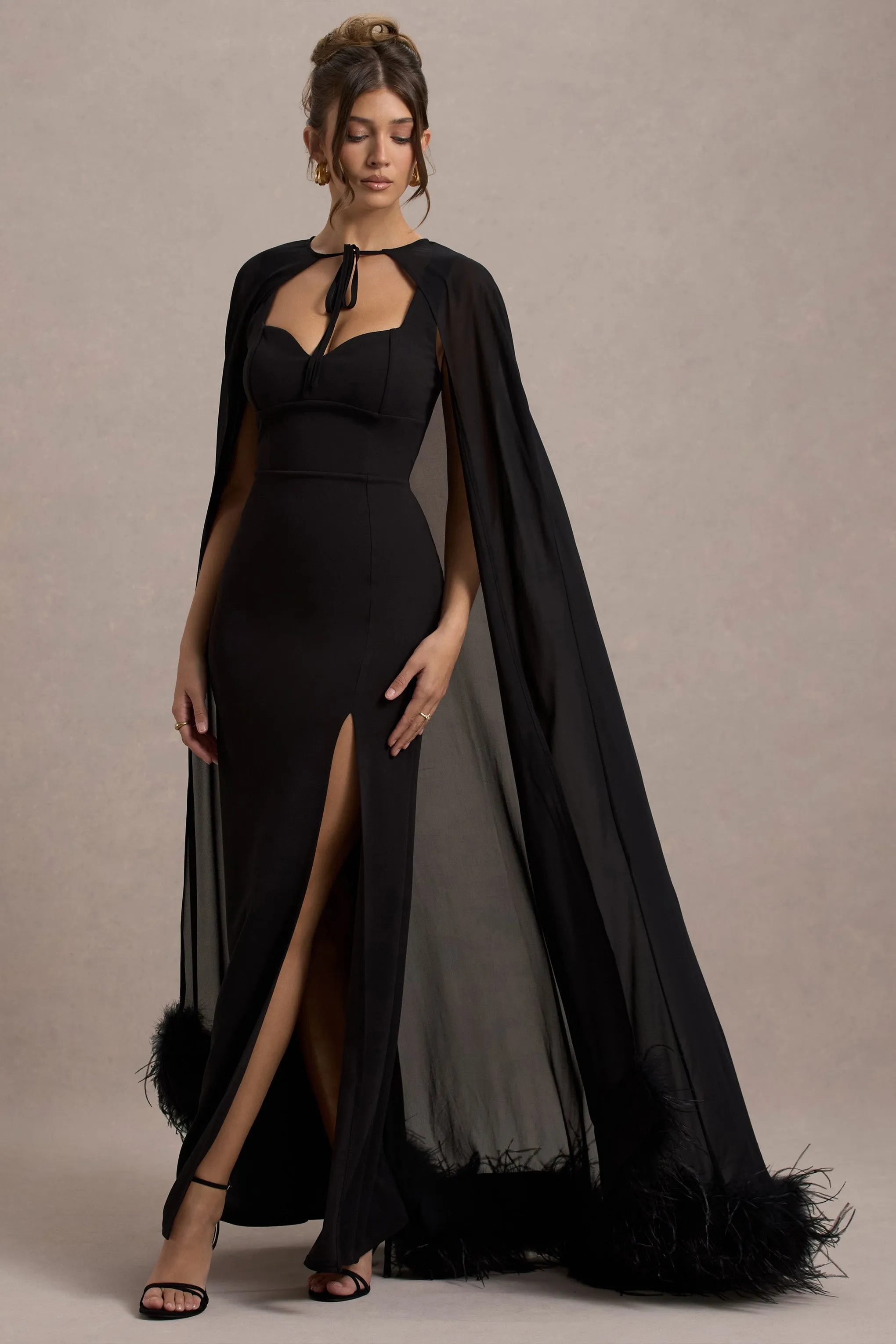 Veranna | Black Chiffon Cape with Fur Trim sold by Club L London product image thumbnail 3