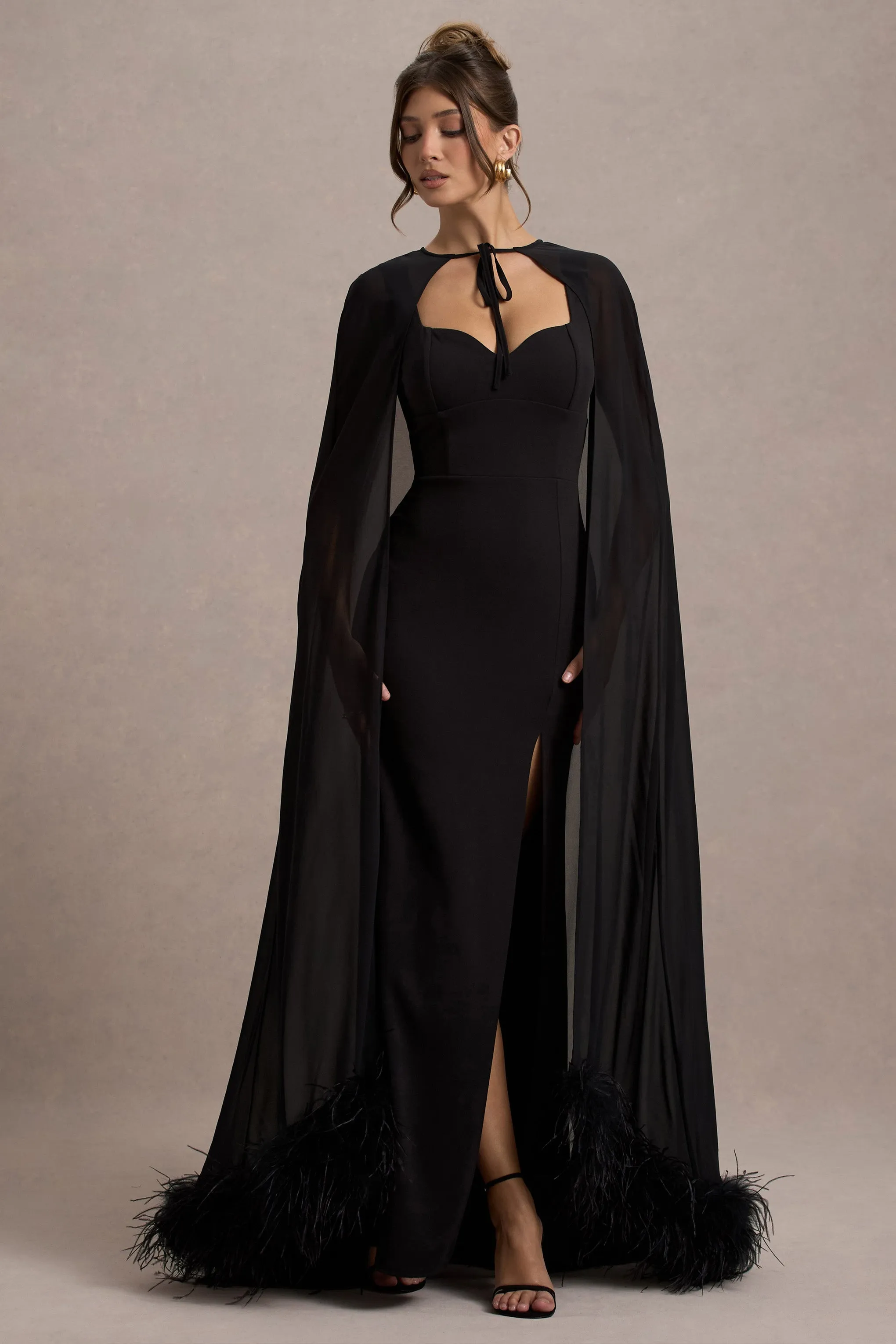 Veranna | Black Chiffon Cape with Fur Trim sold by Club L London