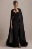 Veranna | Black Chiffon Cape with Fur Trim sold by Club L London