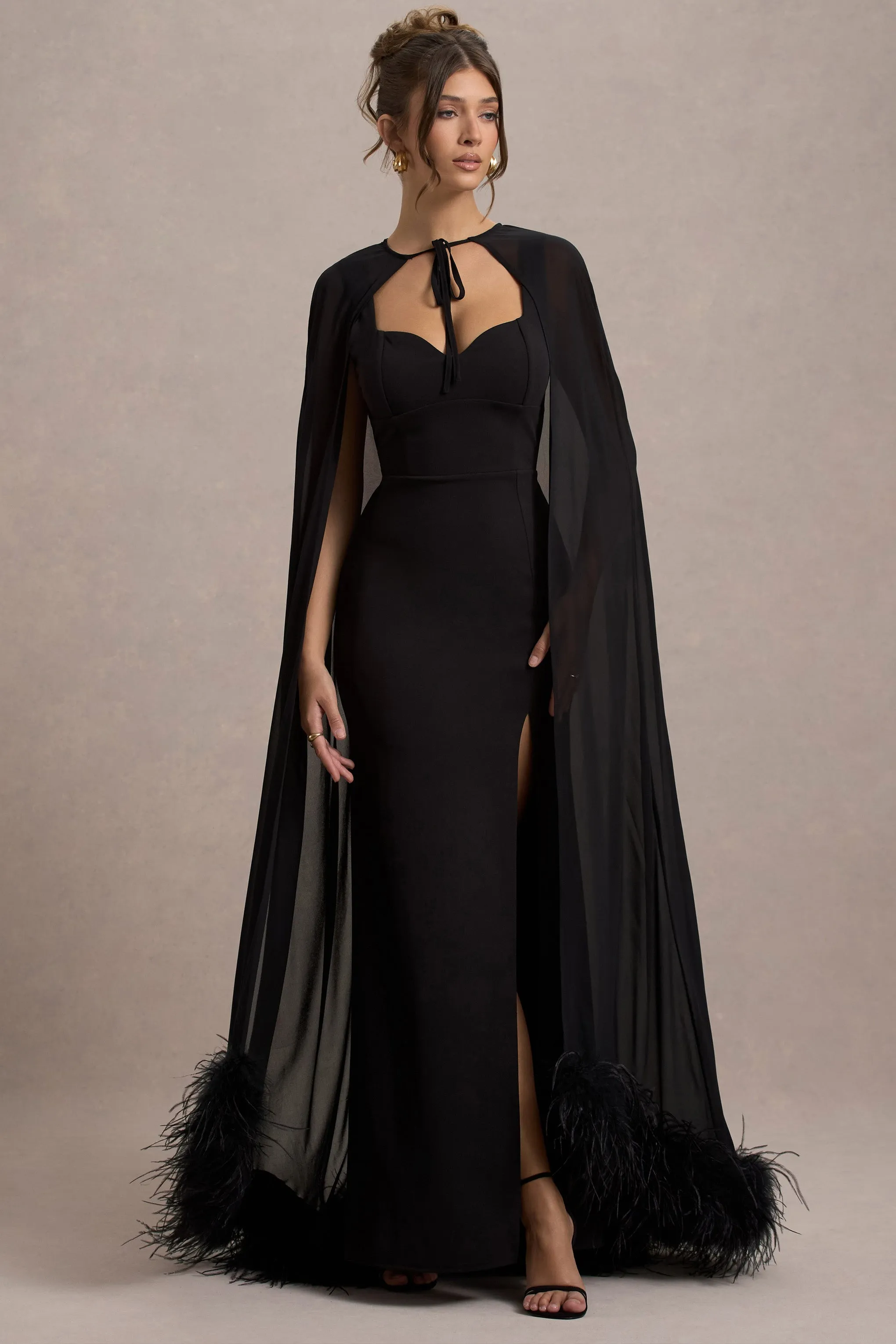 Veranna | Black Chiffon Cape with Fur Trim sold by Club L London product image thumbnail 2
