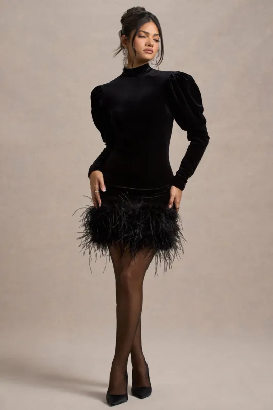 Issa | Black Velvet Long-Sleeve Mini Dress With Feather Trim sold by Club L London