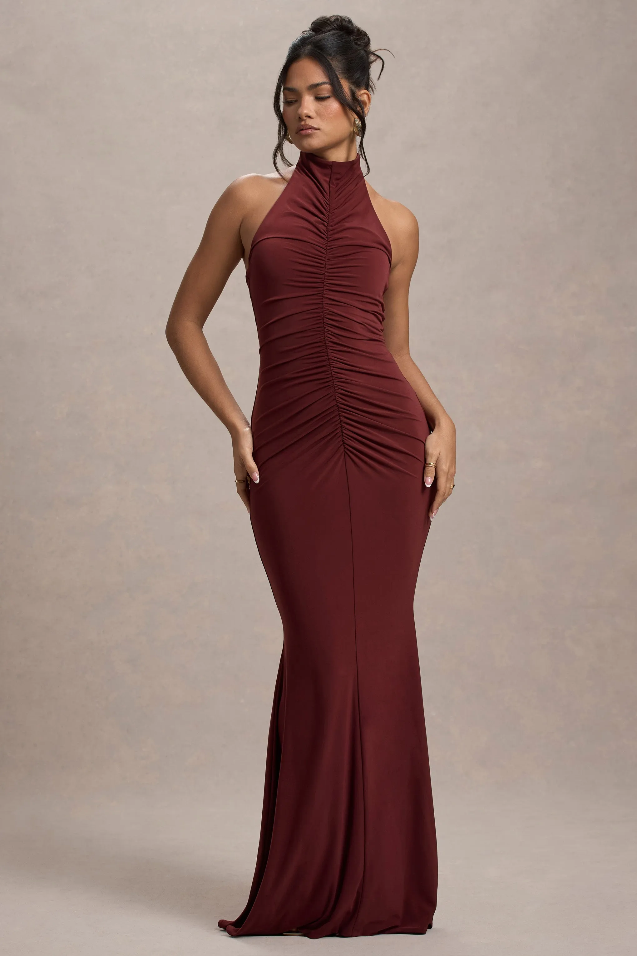 Arietta | Port High-Neck Ruched Fishtail Maxi Dress sold by Club L London product image thumbnail 5