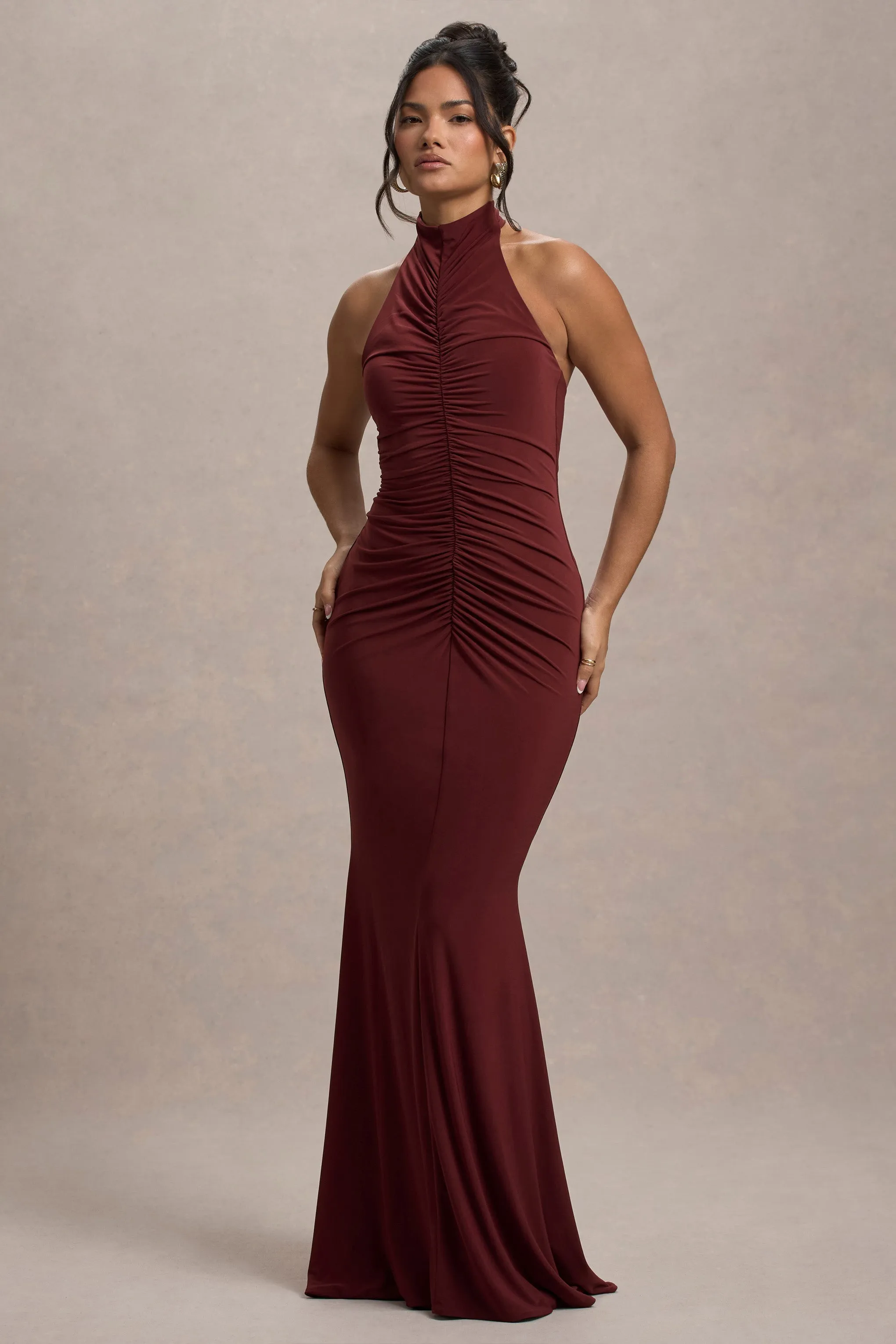 Arietta | Port High-Neck Ruched Fishtail Maxi Dress sold by Club L London