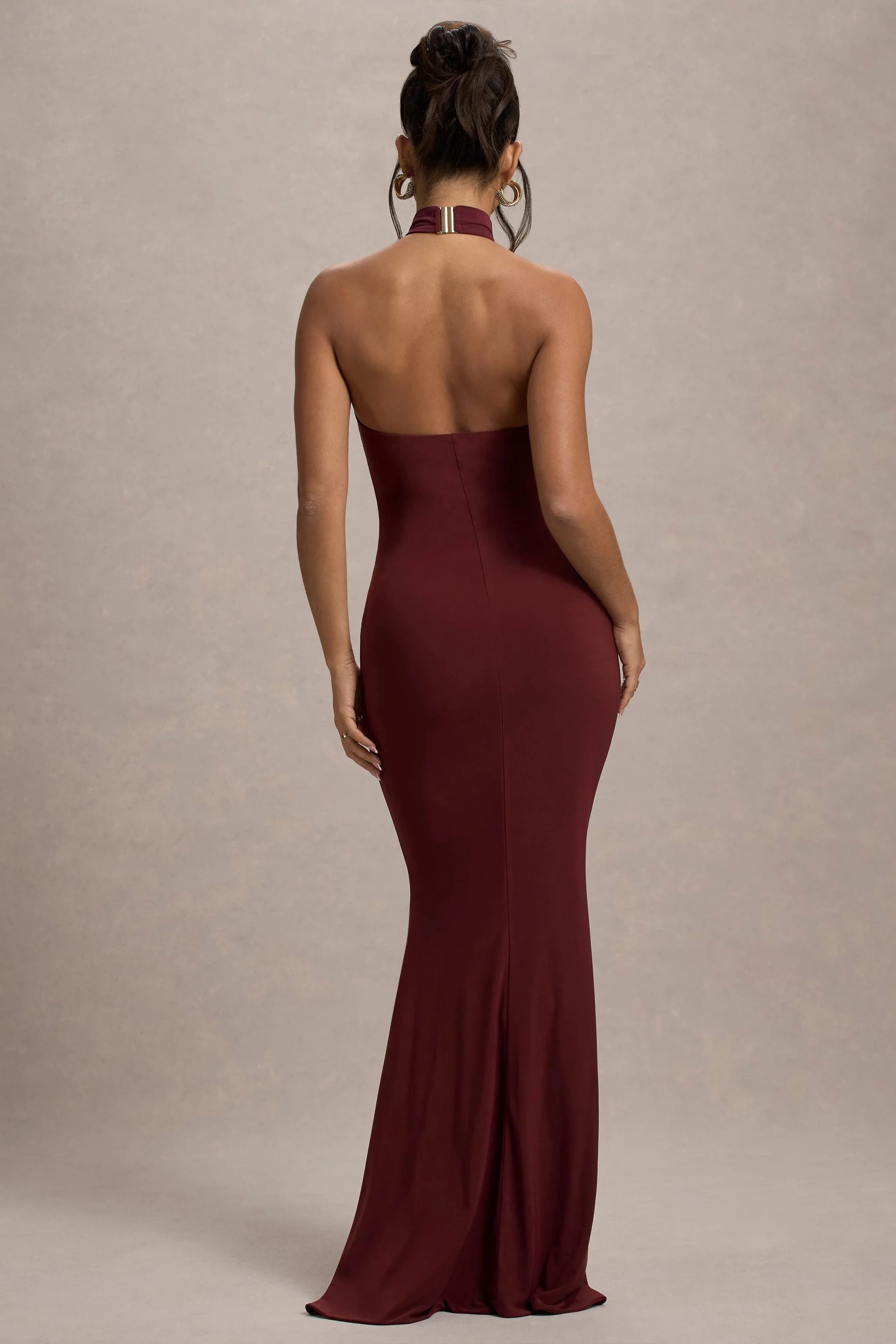 Arietta | Port High-Neck Ruched Fishtail Maxi Dress sold by Club L London product image thumbnail 2
