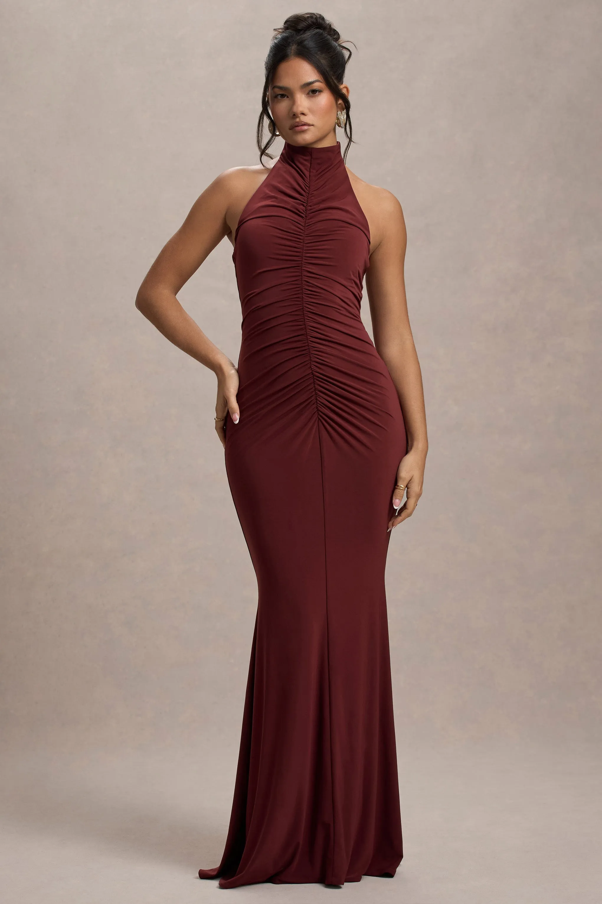 Arietta | Port High-Neck Ruched Fishtail Maxi Dress sold by Club L London product image thumbnail 4