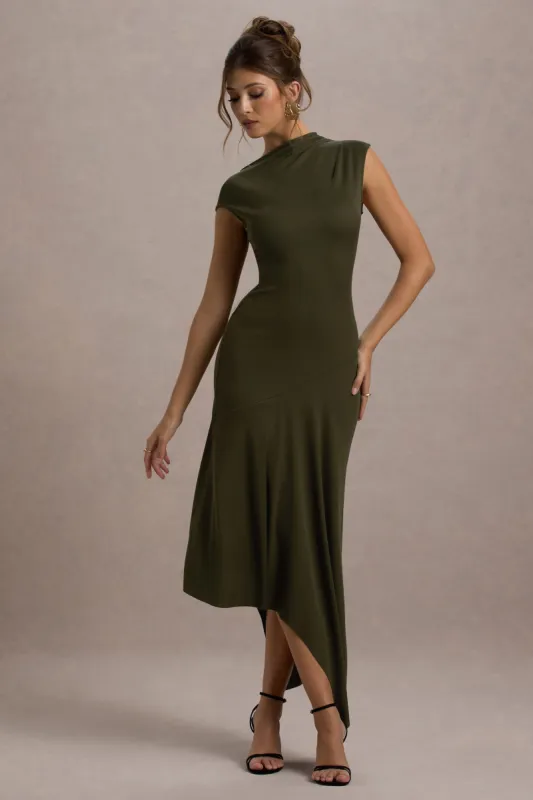 Ondine | Khaki Asymmetric Draped Midi Dress sold by Club L London