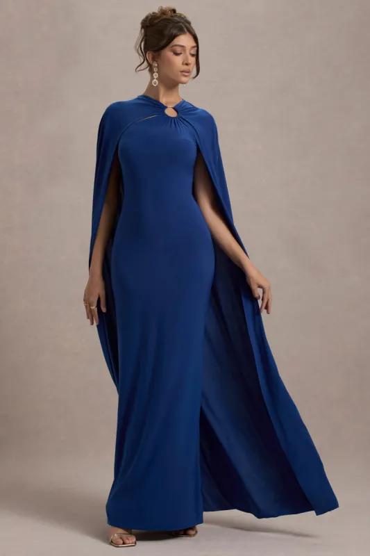 Aliza | Royal Blue Cape Maxi Dress With Gold Ring sold by Club L London