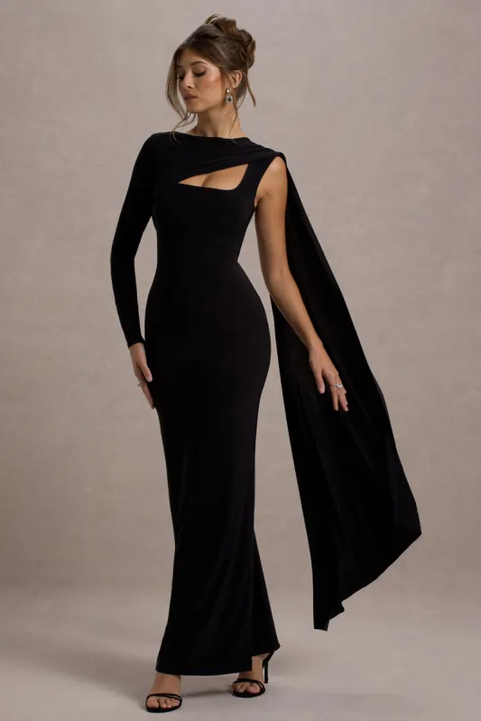 Ashini | Black One-Sleeve Maxi Dress With Cape sold by Club L London
