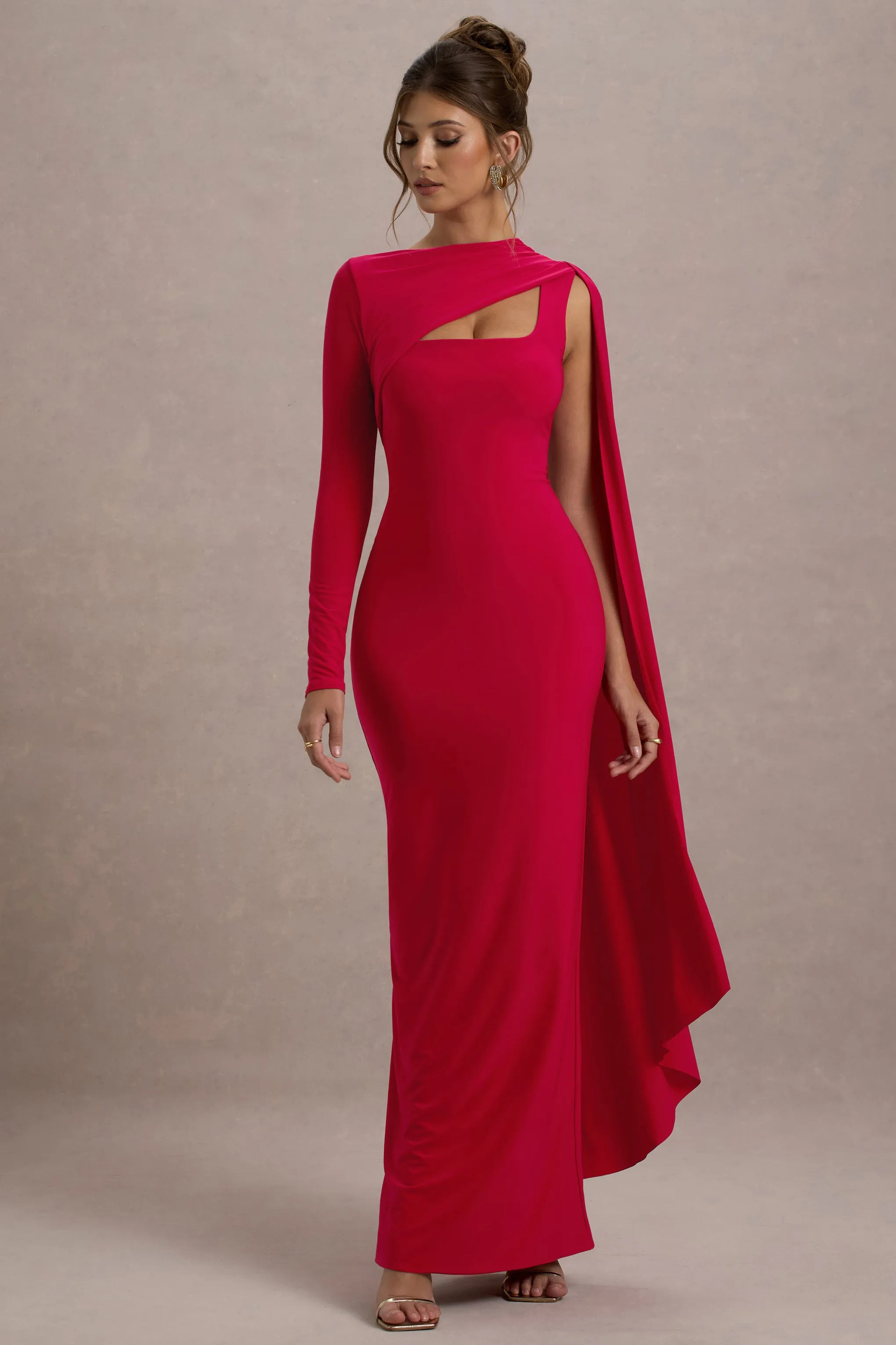 Ashini | Red One-Sleeve Maxi Dress With Cape sold by Club L London product image thumbnail 5