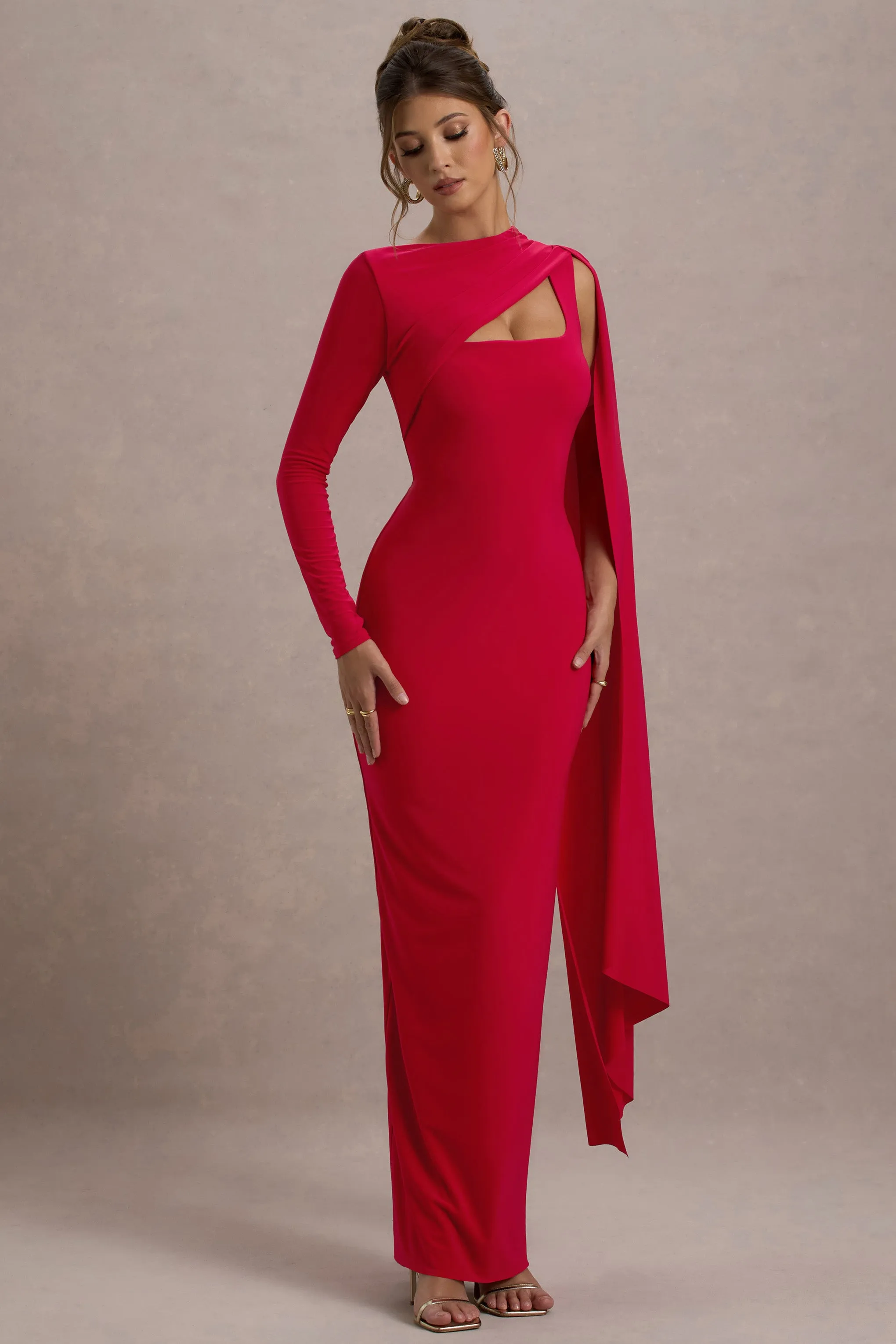 Ashini | Red One-Sleeve Maxi Dress With Cape sold by Club L London product image thumbnail 4