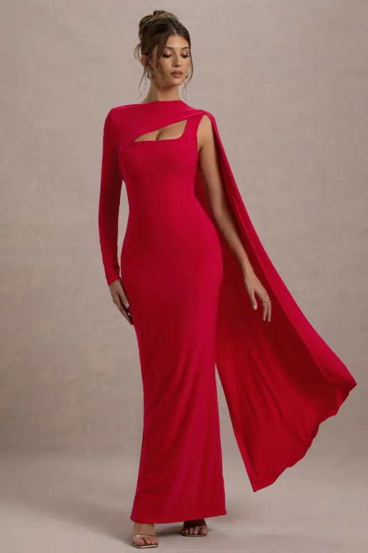 Ashini | Red One-Sleeve Maxi Dress With Cape sold by Club L London