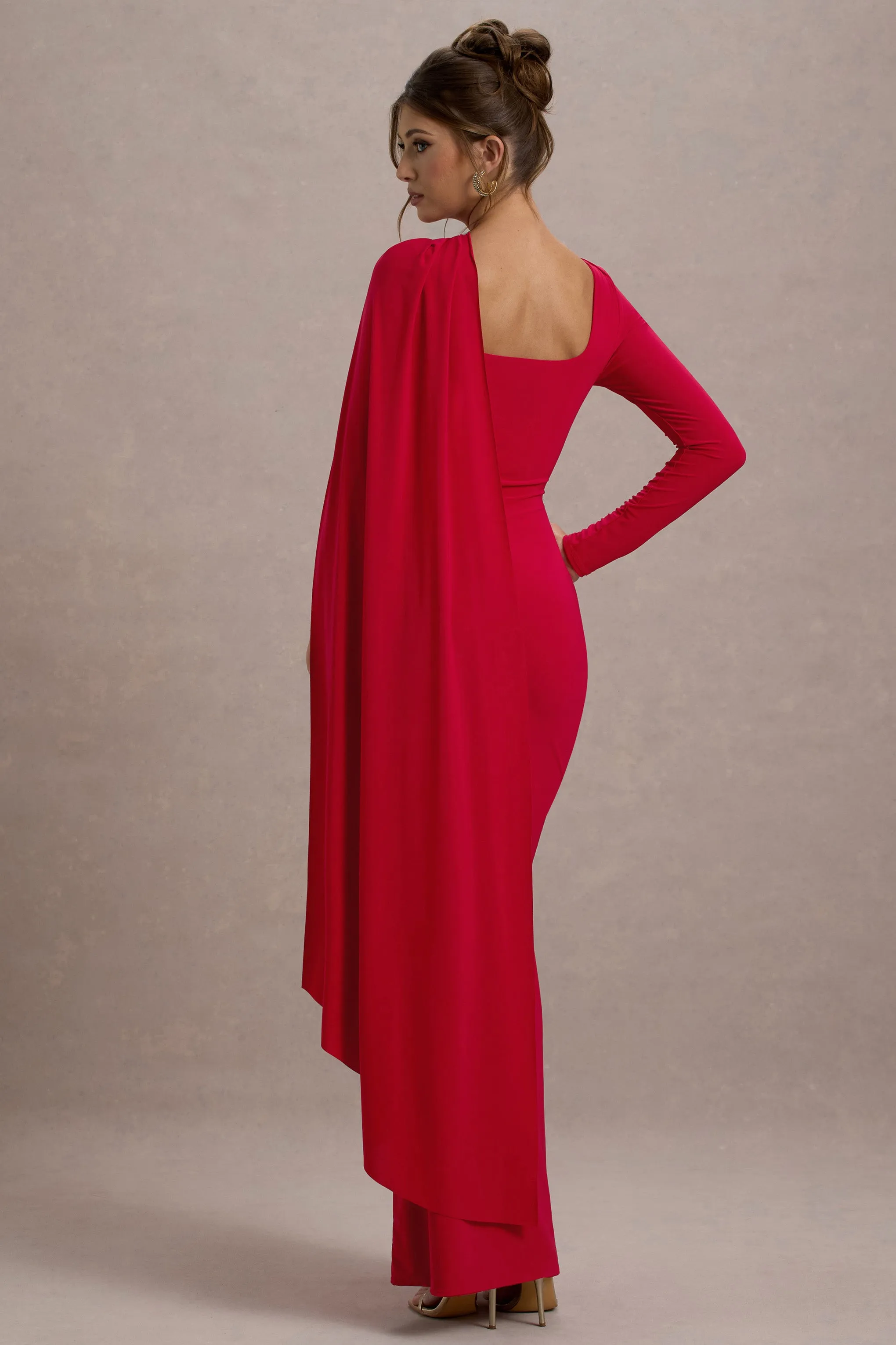 Ashini | Red One-Sleeve Maxi Dress With Cape sold by Club L London product image thumbnail 2