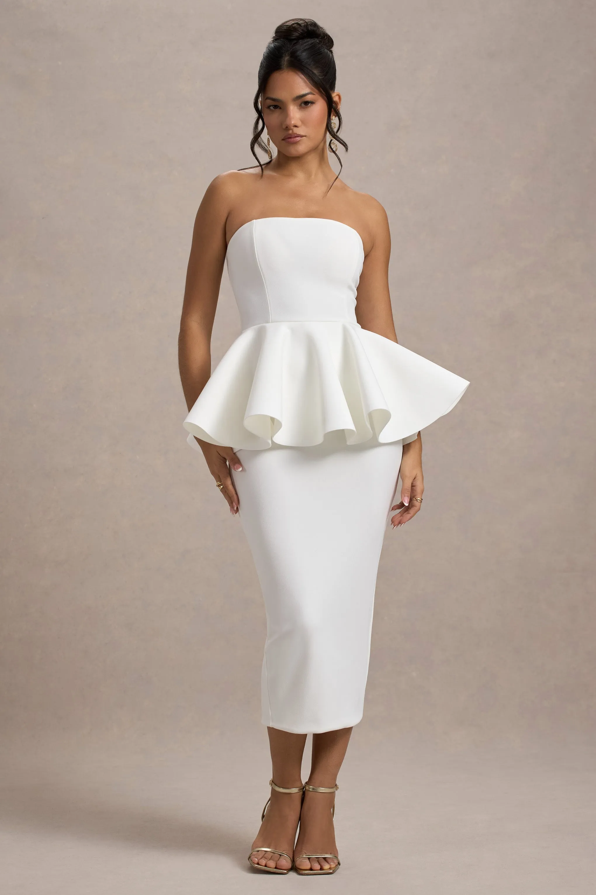 First Dance | White Bandeau Peplum Midi Dress sold by Club L London product image thumbnail 4