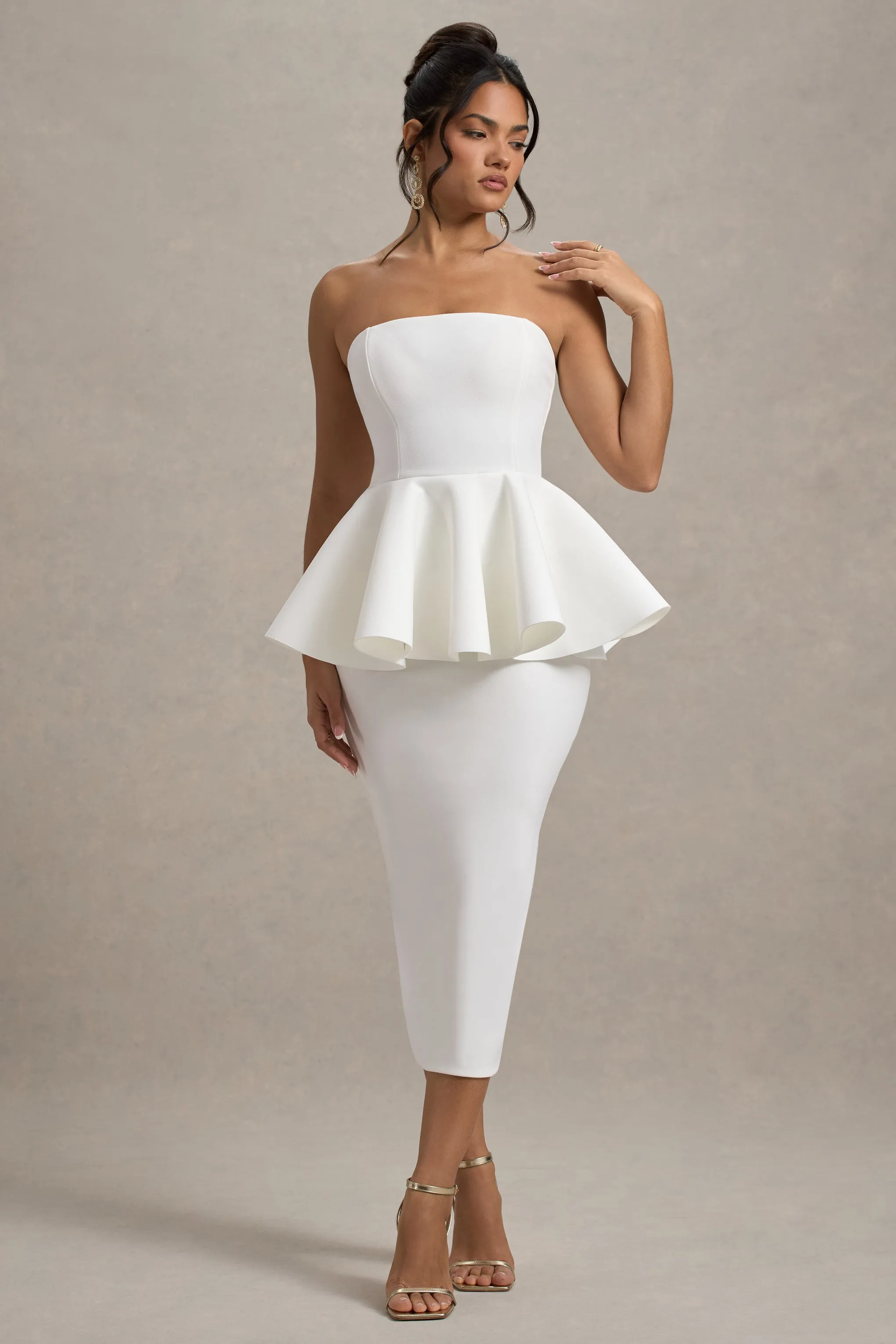 First Dance | White Bandeau Peplum Midi Dress sold by Club L London