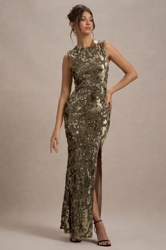 Cleopatra | Gold Sequin Split Maxi Dress sold by Club L London