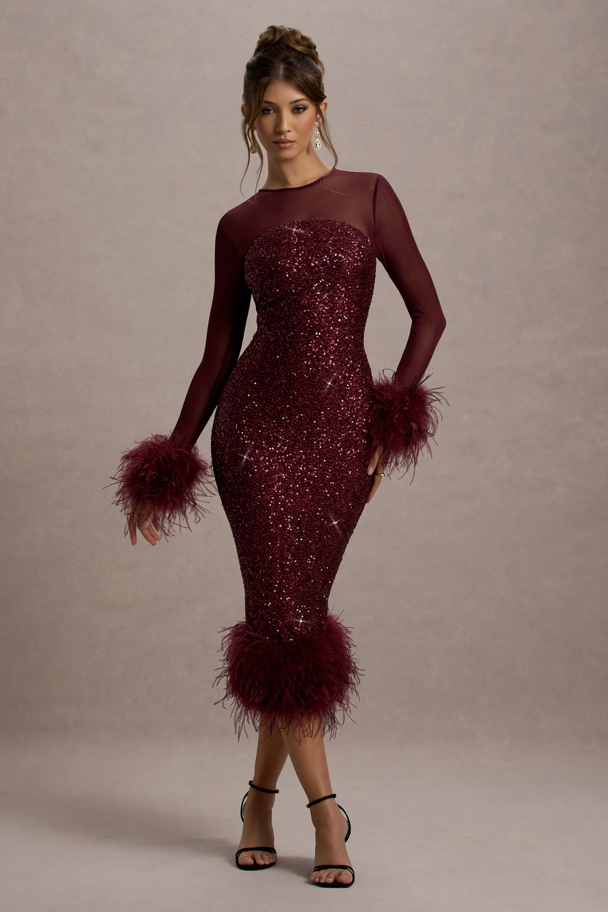 Afterglow | Port Sequin Long-Sleeve Midi Dress With Feather Trims sold by Club L London
