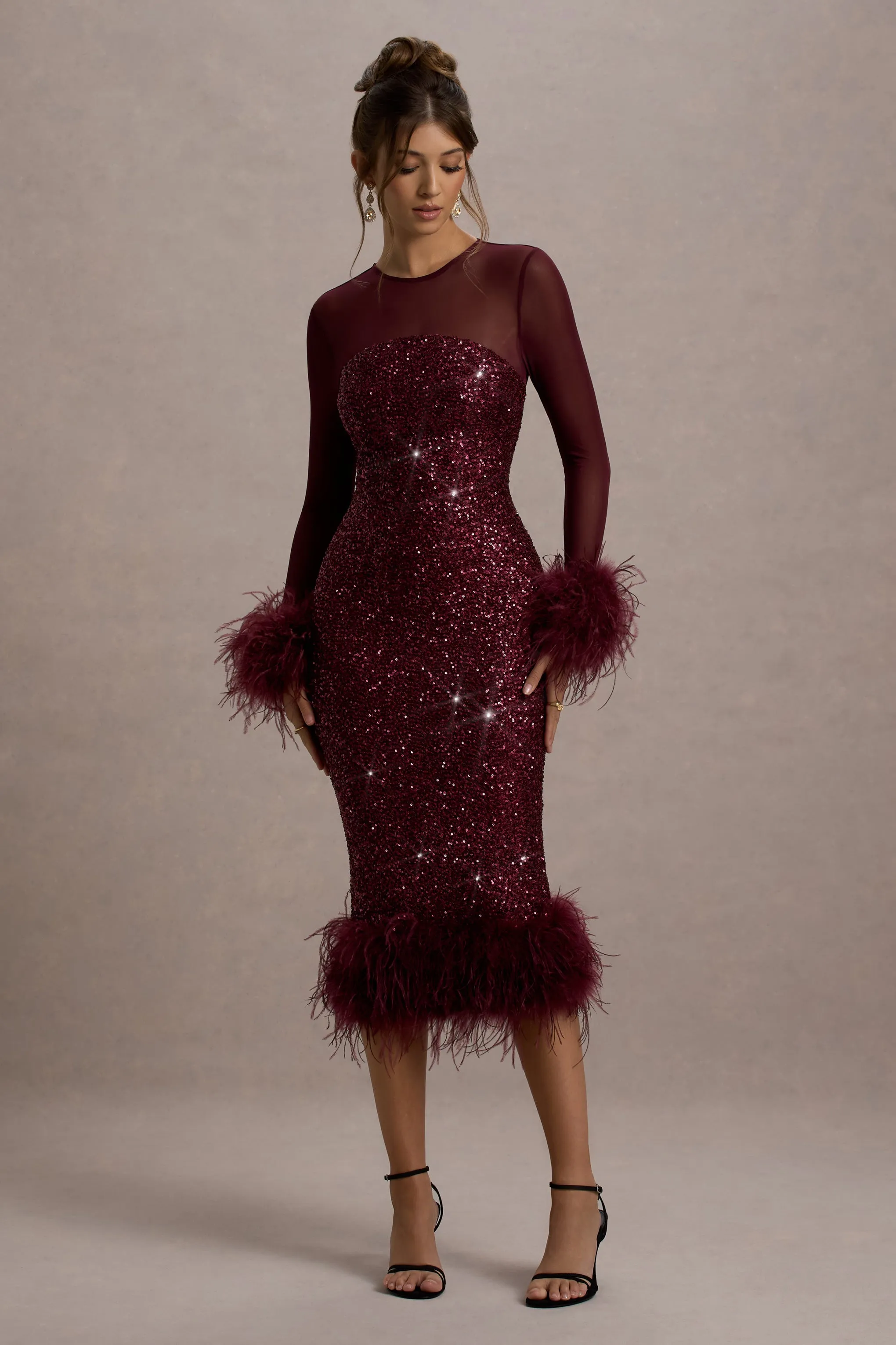 Afterglow | Port Sequin Long-Sleeve Midi Dress With Feather Trims sold by Club L London product image thumbnail 5