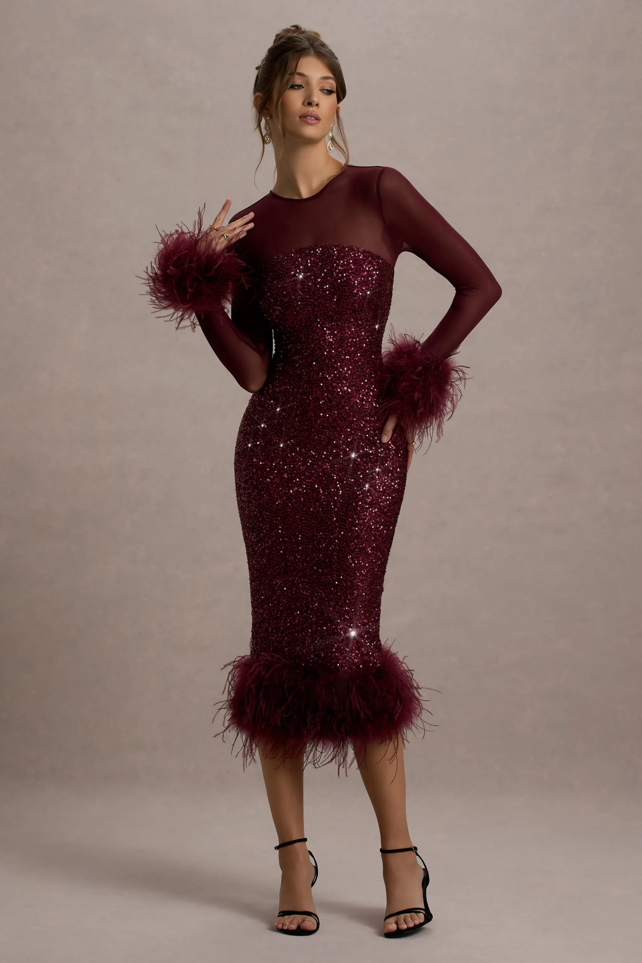 Afterglow | Port Sequin Long-Sleeve Midi Dress With Feather Trims sold by Club L London product image thumbnail 4