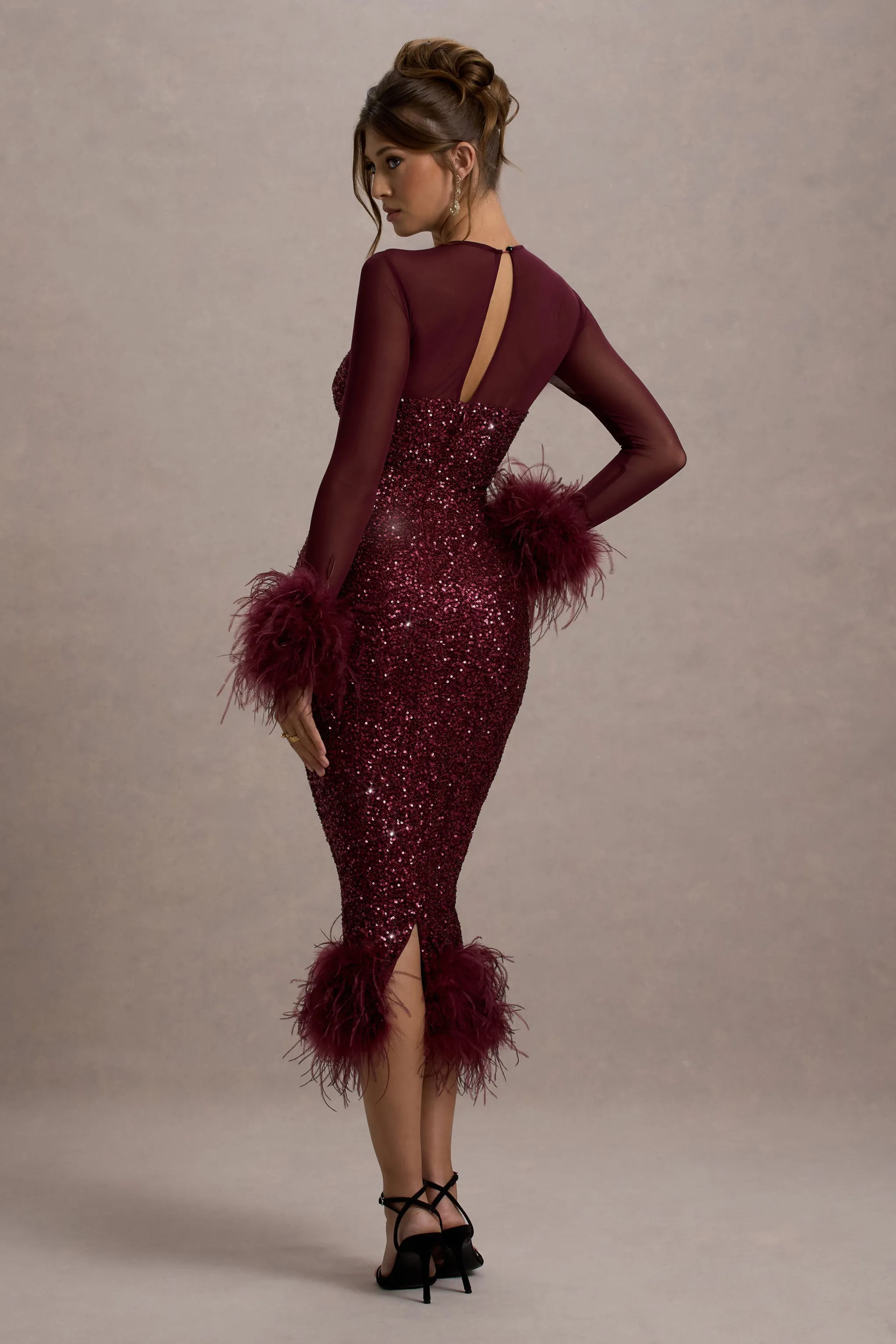 Afterglow | Port Sequin Long-Sleeve Midi Dress With Feather Trims sold by Club L London product image thumbnail 2
