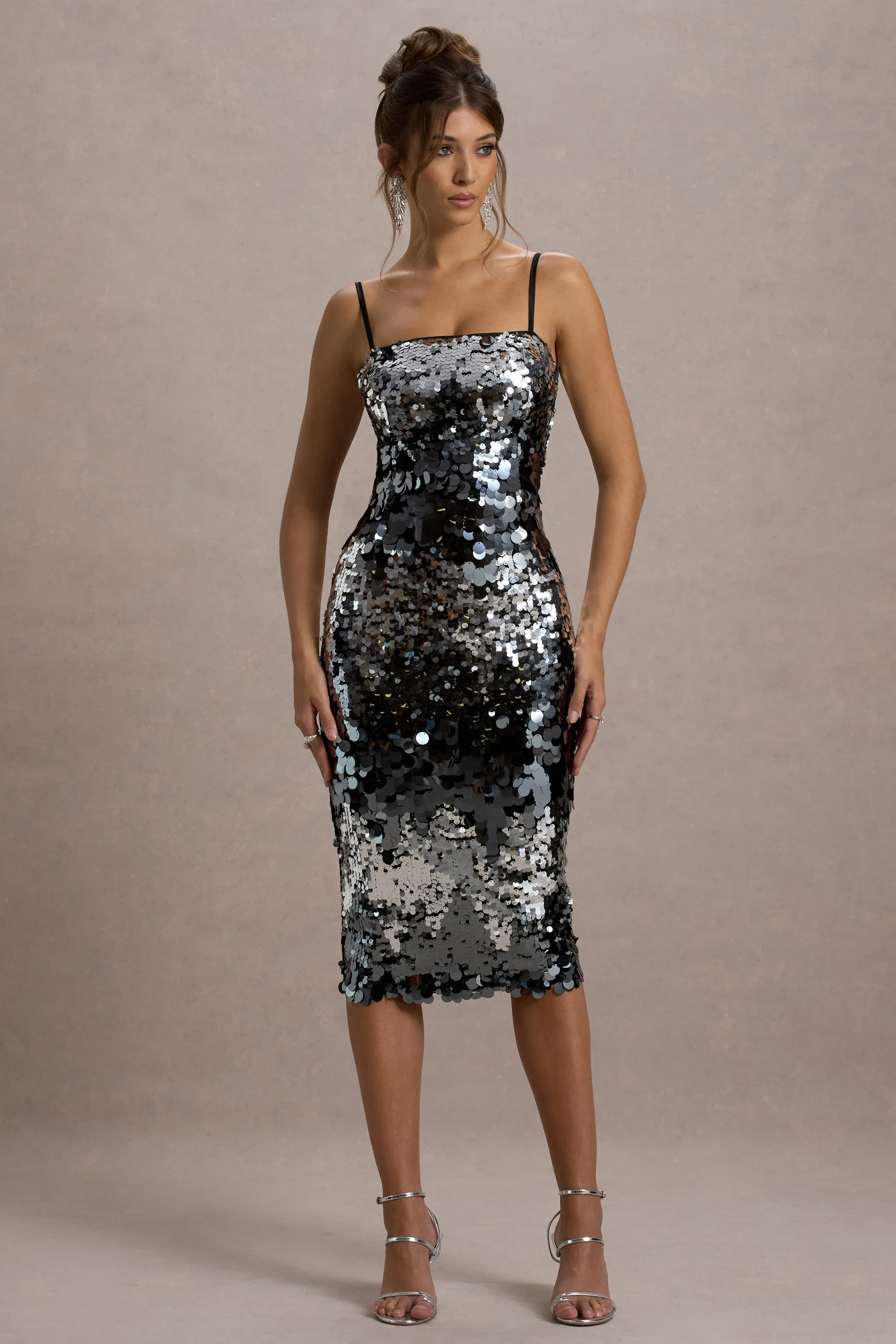 Azure | Silver Sequin Strappy Midi Dress sold by Club L London