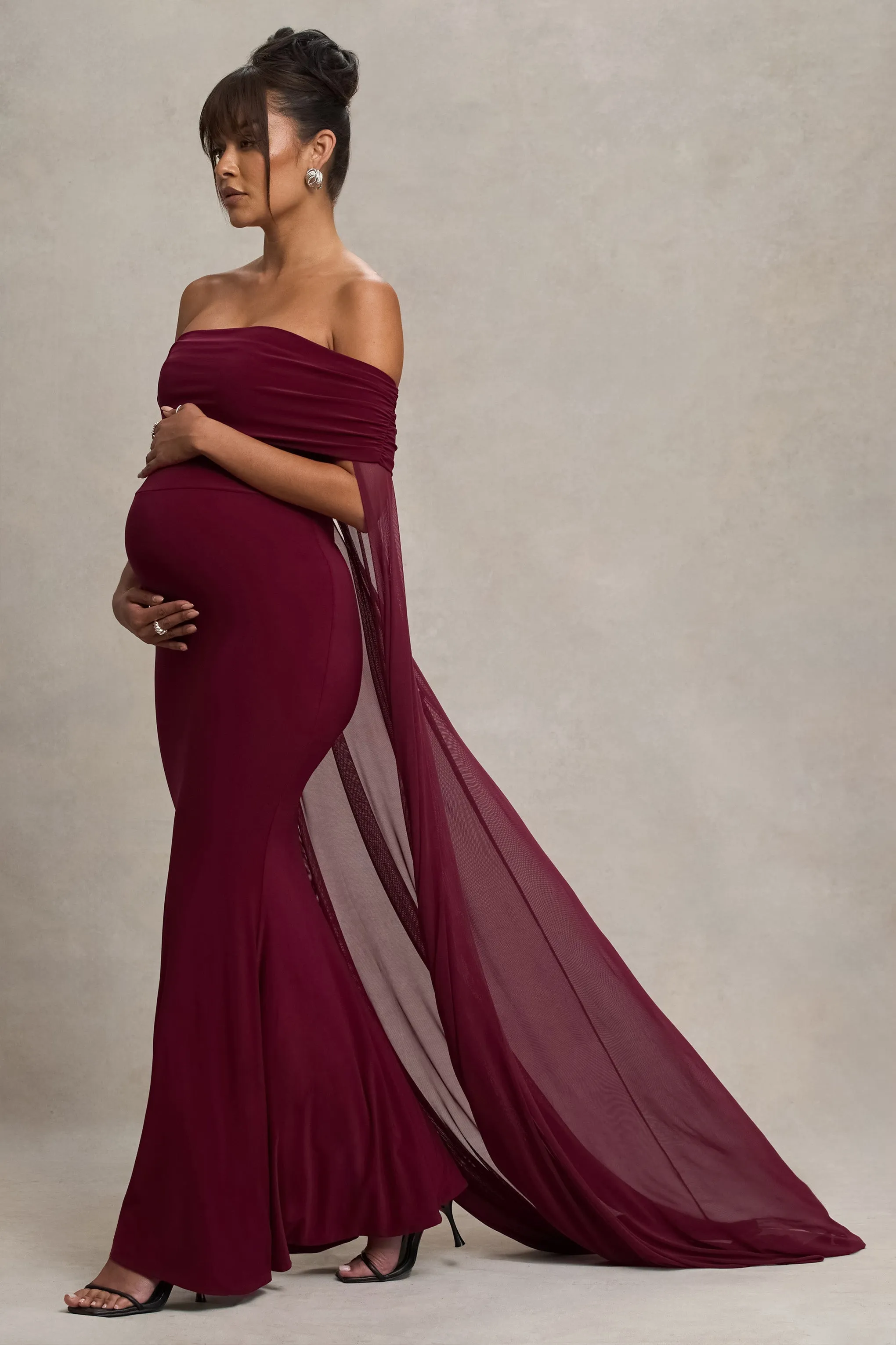 Carlotta | Berry Bardot Maternity Maxi Dress With Chiffon Cape sold by Club L London product image thumbnail 5