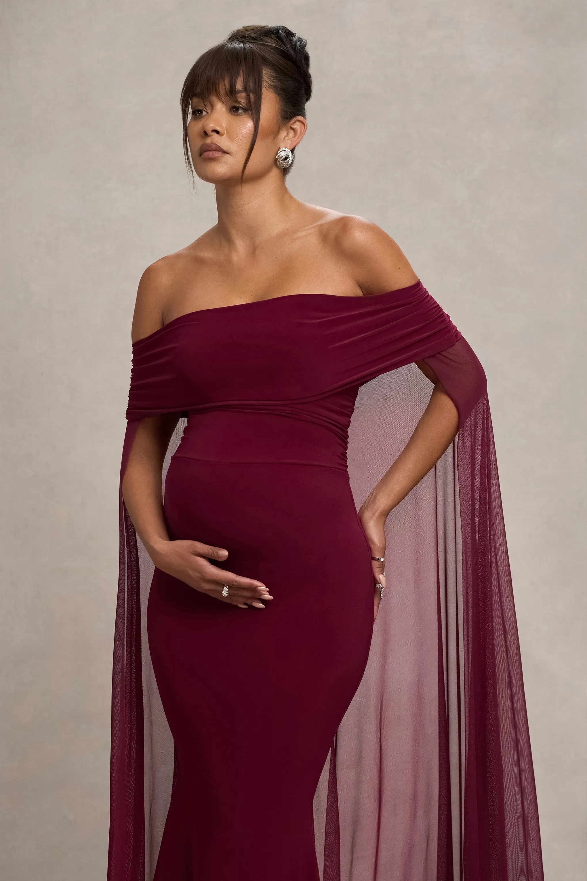 Carlotta | Berry Bardot Maternity Maxi Dress With Chiffon Cape sold by Club L London product image thumbnail 3