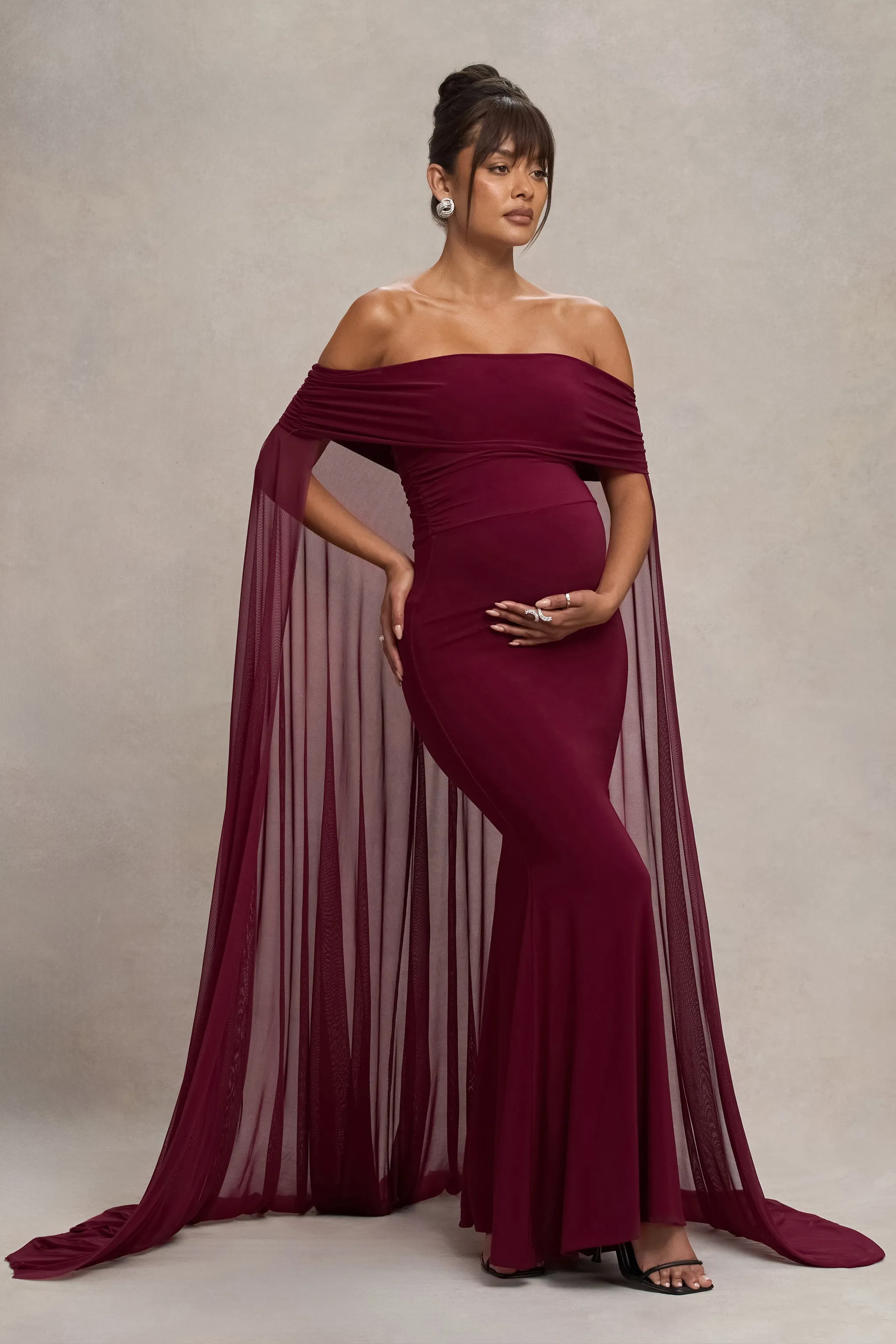 Carlotta | Berry Bardot Maternity Maxi Dress With Chiffon Cape sold by Club L London product image thumbnail 4