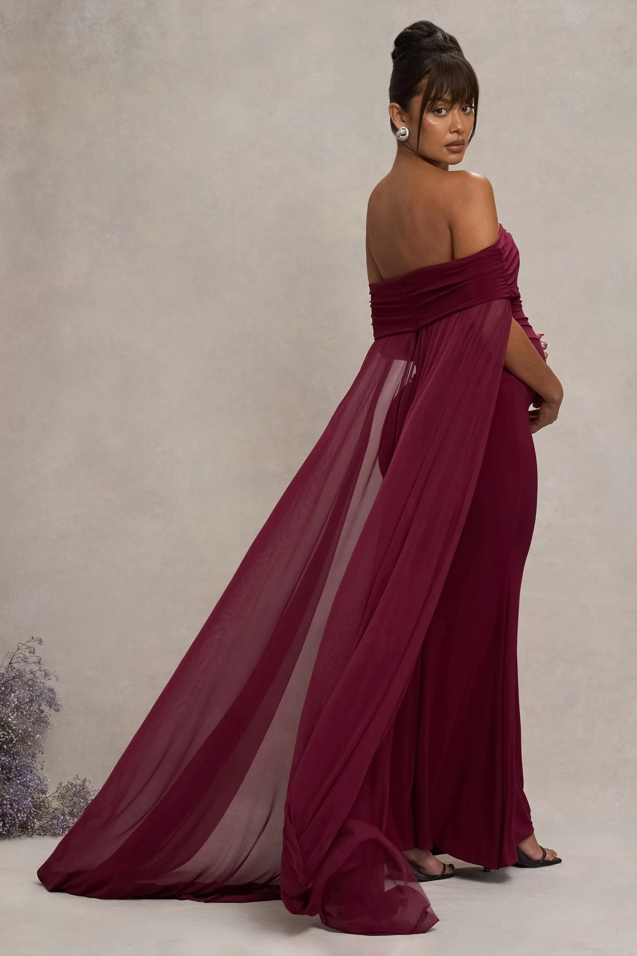 Carlotta | Berry Bardot Maternity Maxi Dress With Chiffon Cape sold by Club L London product image thumbnail 2