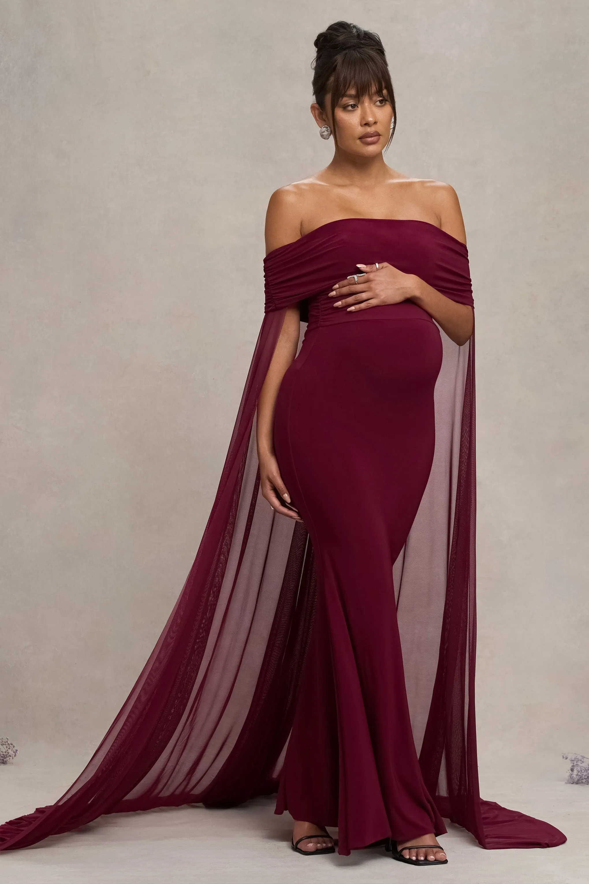 Carlotta | Berry Bardot Maternity Maxi Dress With Chiffon Cape sold by Club L London