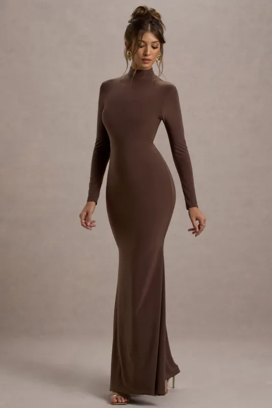 Tova | Chocolate High-Neck Long-Sleeve Fishtail Maxi Dress sold by Club L London