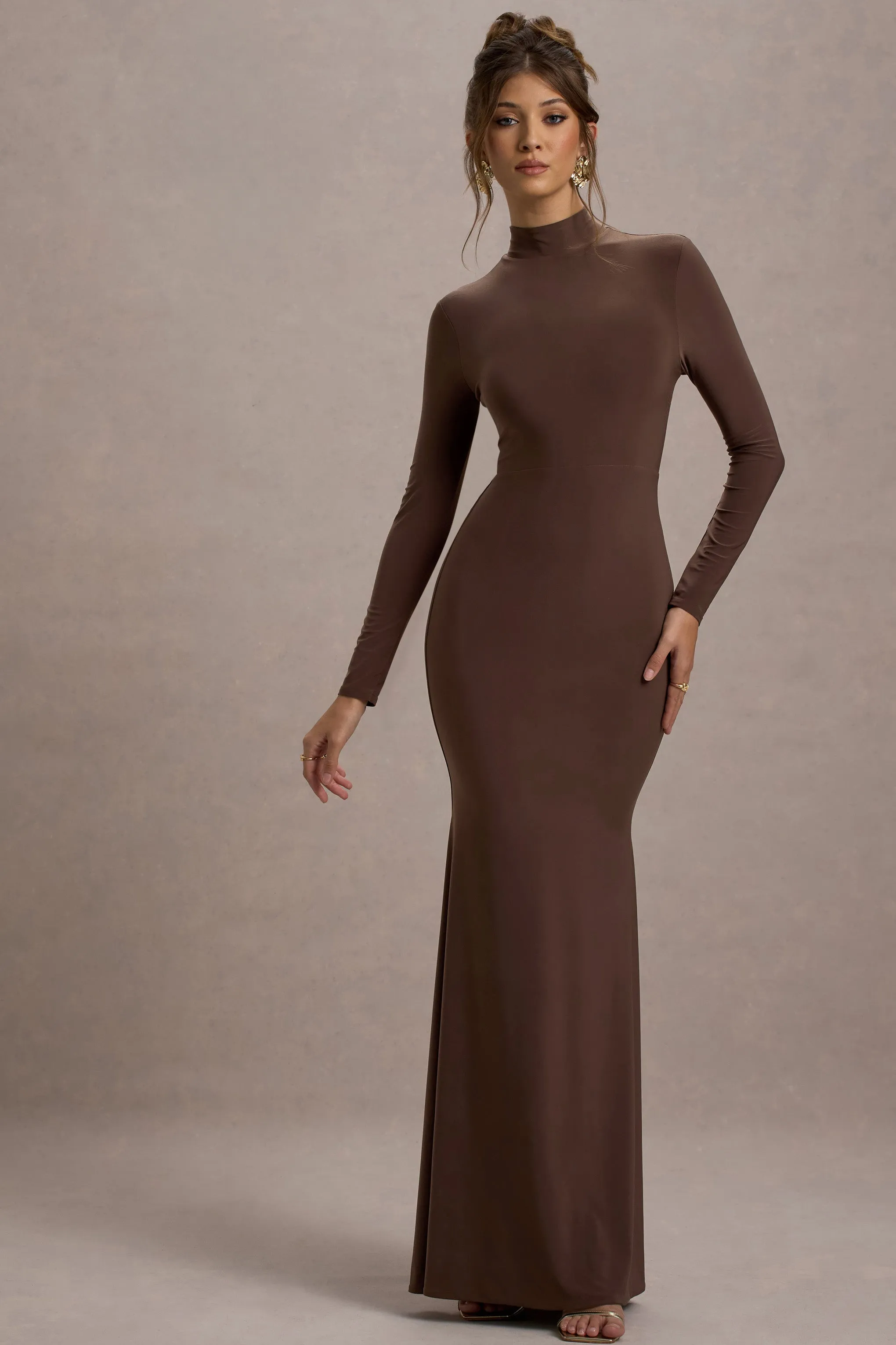 Tova | Chocolate High-Neck Long-Sleeve Fishtail Maxi Dress sold by Club L London product image thumbnail 4