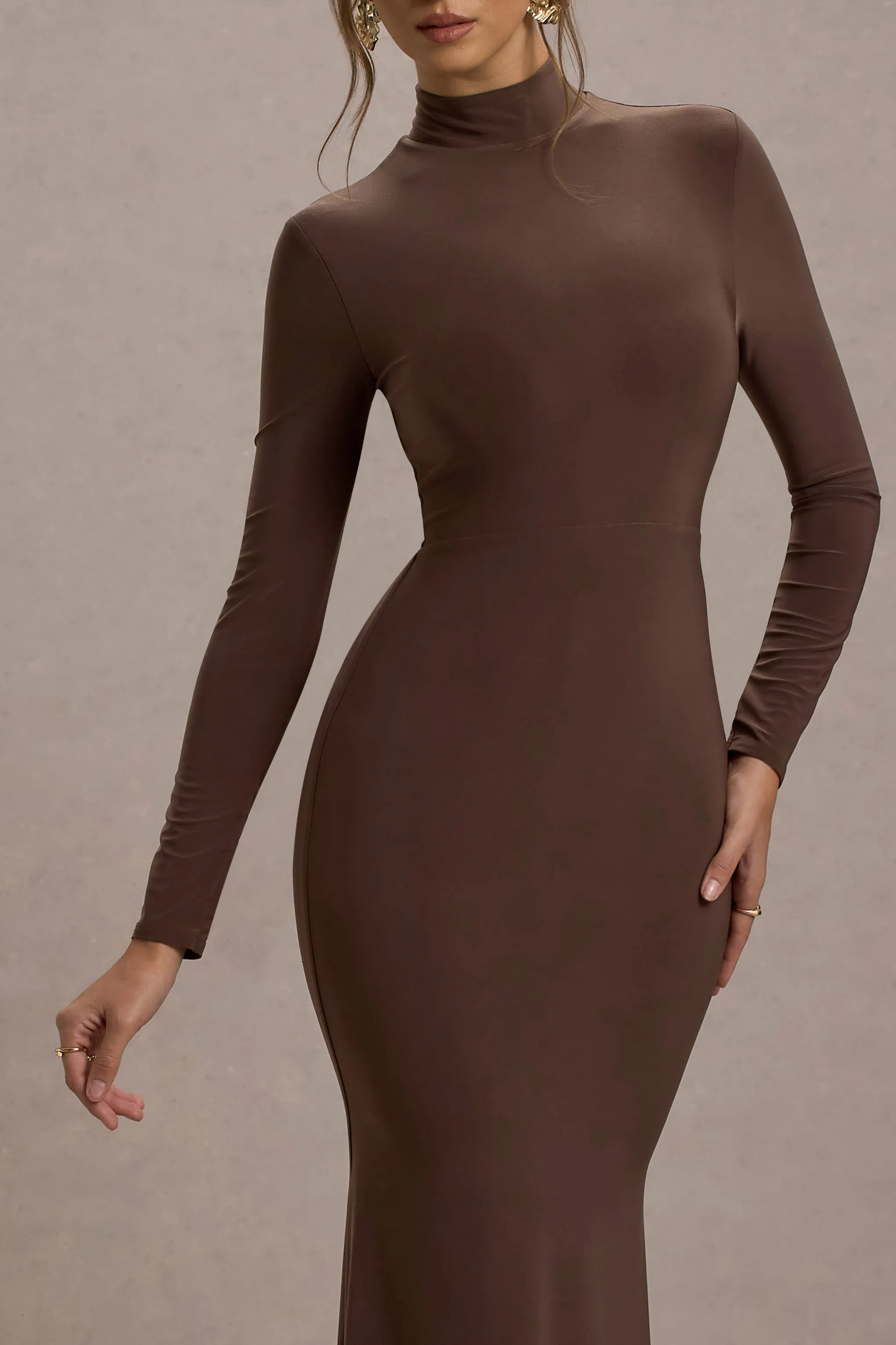 Tova | Chocolate High-Neck Long-Sleeve Fishtail Maxi Dress sold by Club L London product image thumbnail 3