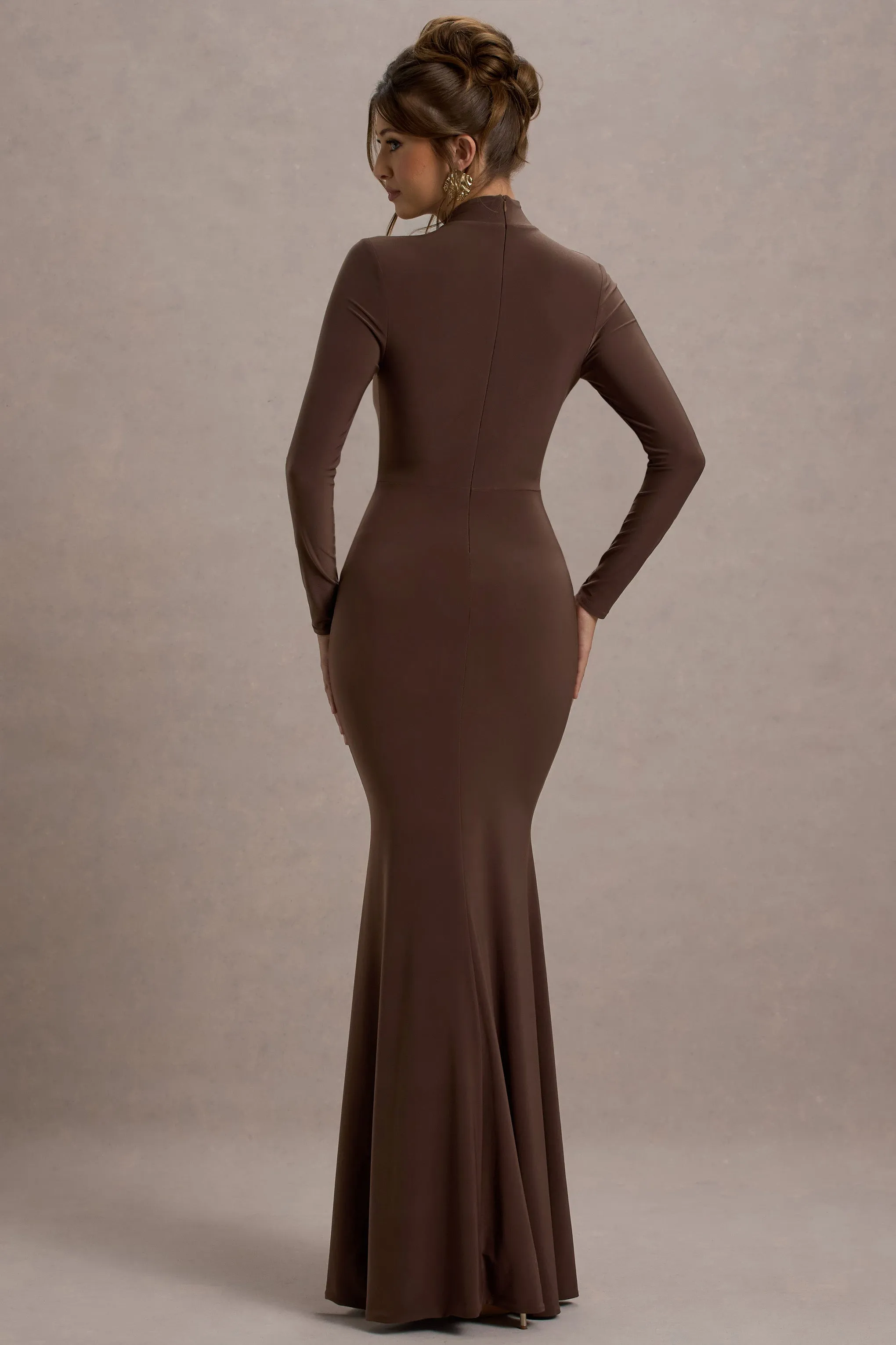 Tova | Chocolate High-Neck Long-Sleeve Fishtail Maxi Dress sold by Club L London product image thumbnail 2