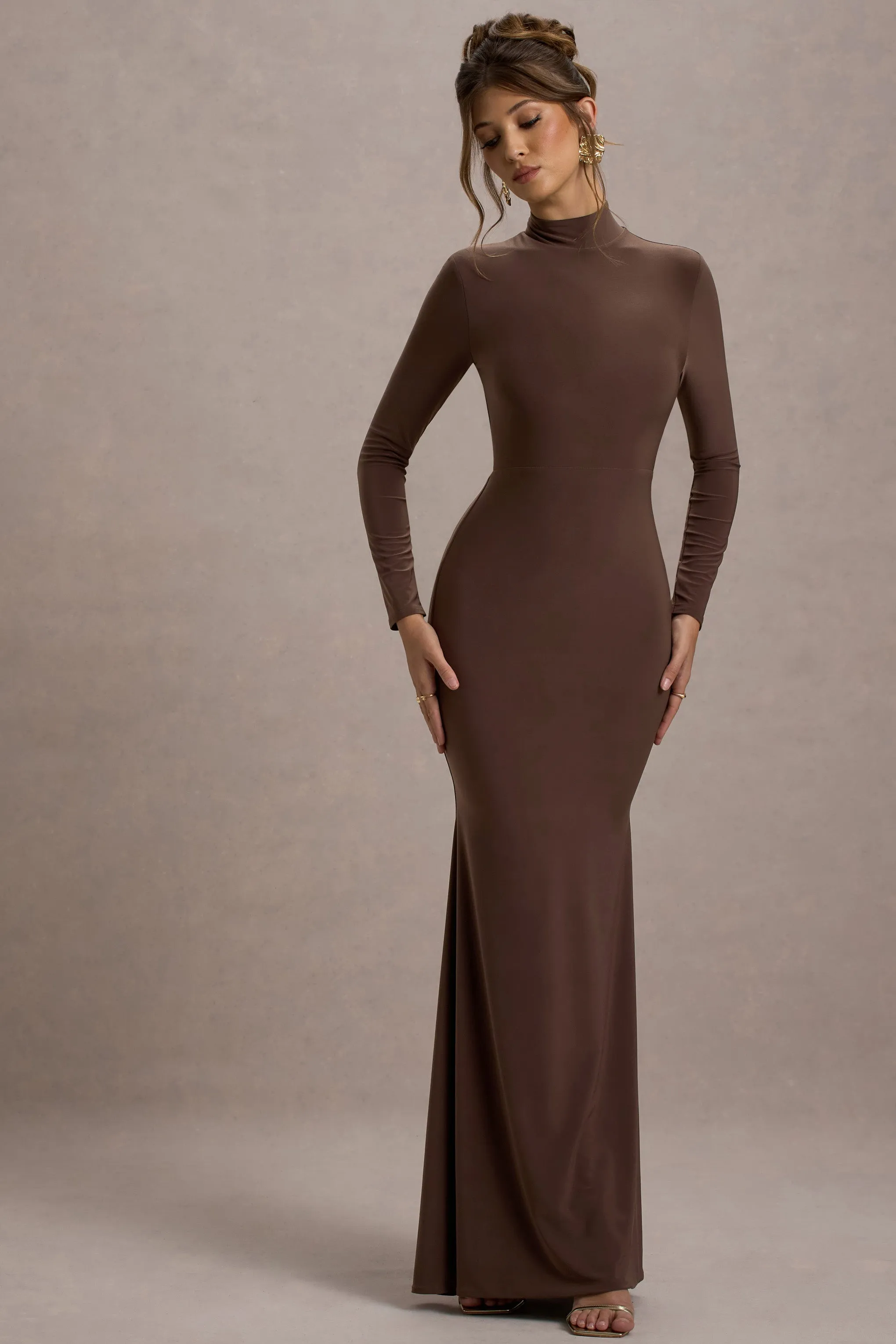 Tova | Chocolate High-Neck Long-Sleeve Fishtail Maxi Dress sold by Club L London product image thumbnail 5