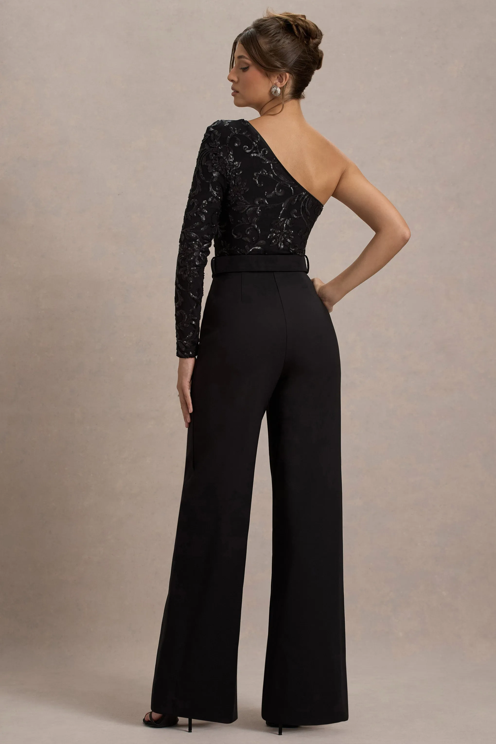 Upgrade | Black Lace Asymmetric Belted Wide-Leg Jumpsuit sold by Club L London product image thumbnail 2