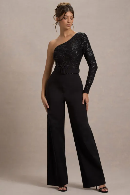 Upgrade | Black Lace Asymmetric Belted Wide-Leg Jumpsuit sold by Club L London
