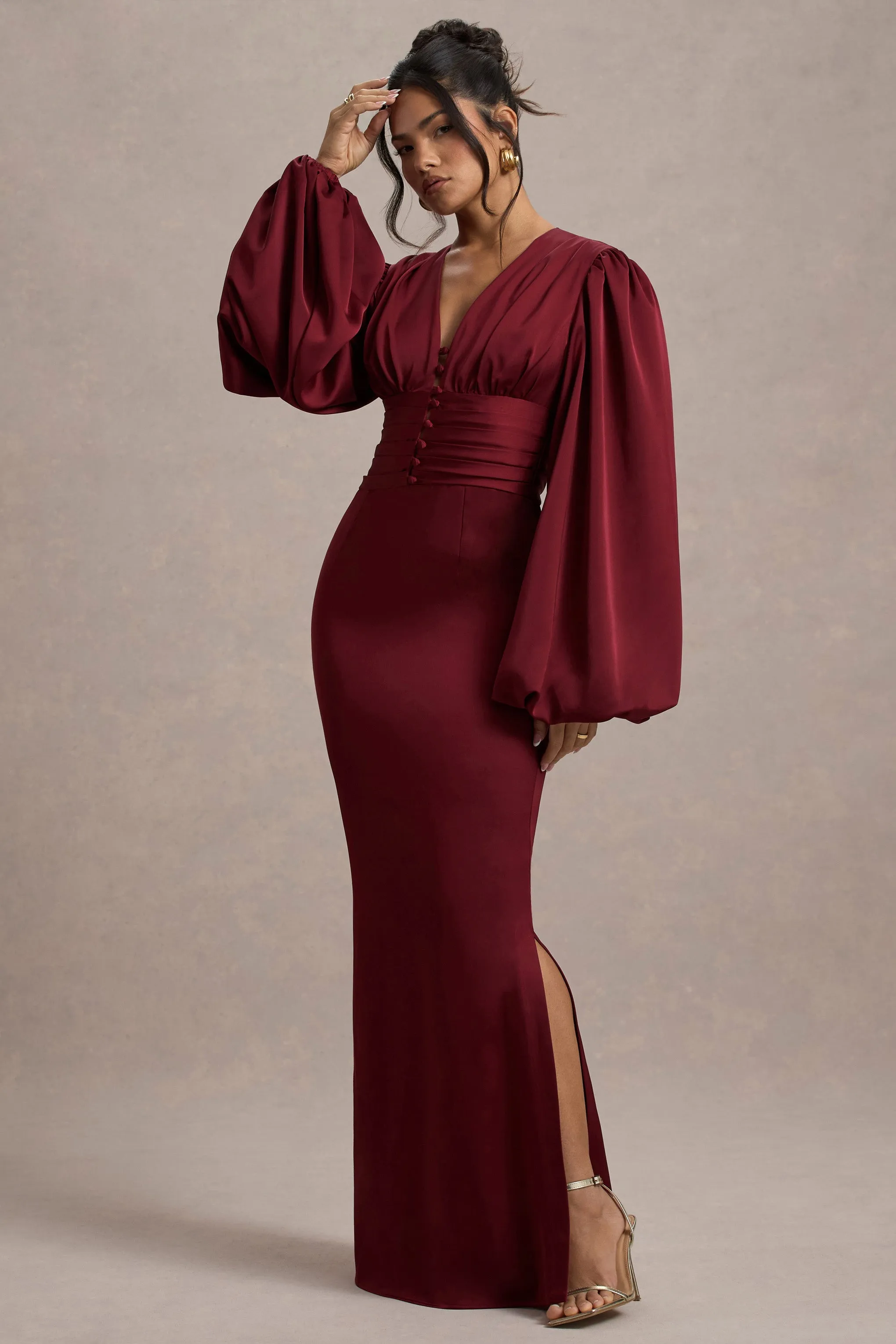 Helsinki | Berry Satin V-Neck Balloon Sleeve Maxi Dress sold by Club L London product image thumbnail 4
