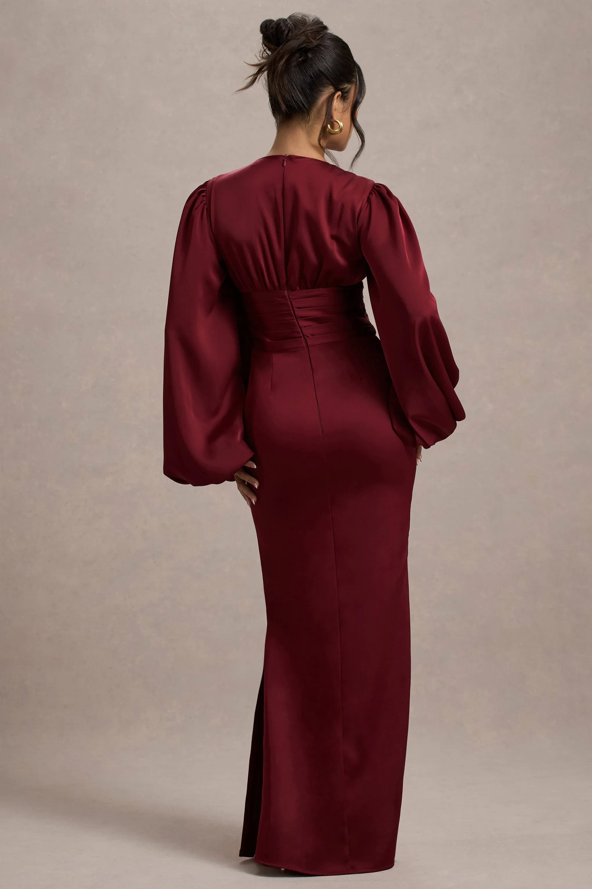 Helsinki | Berry Satin V-Neck Balloon Sleeve Maxi Dress sold by Club L London product image thumbnail 2