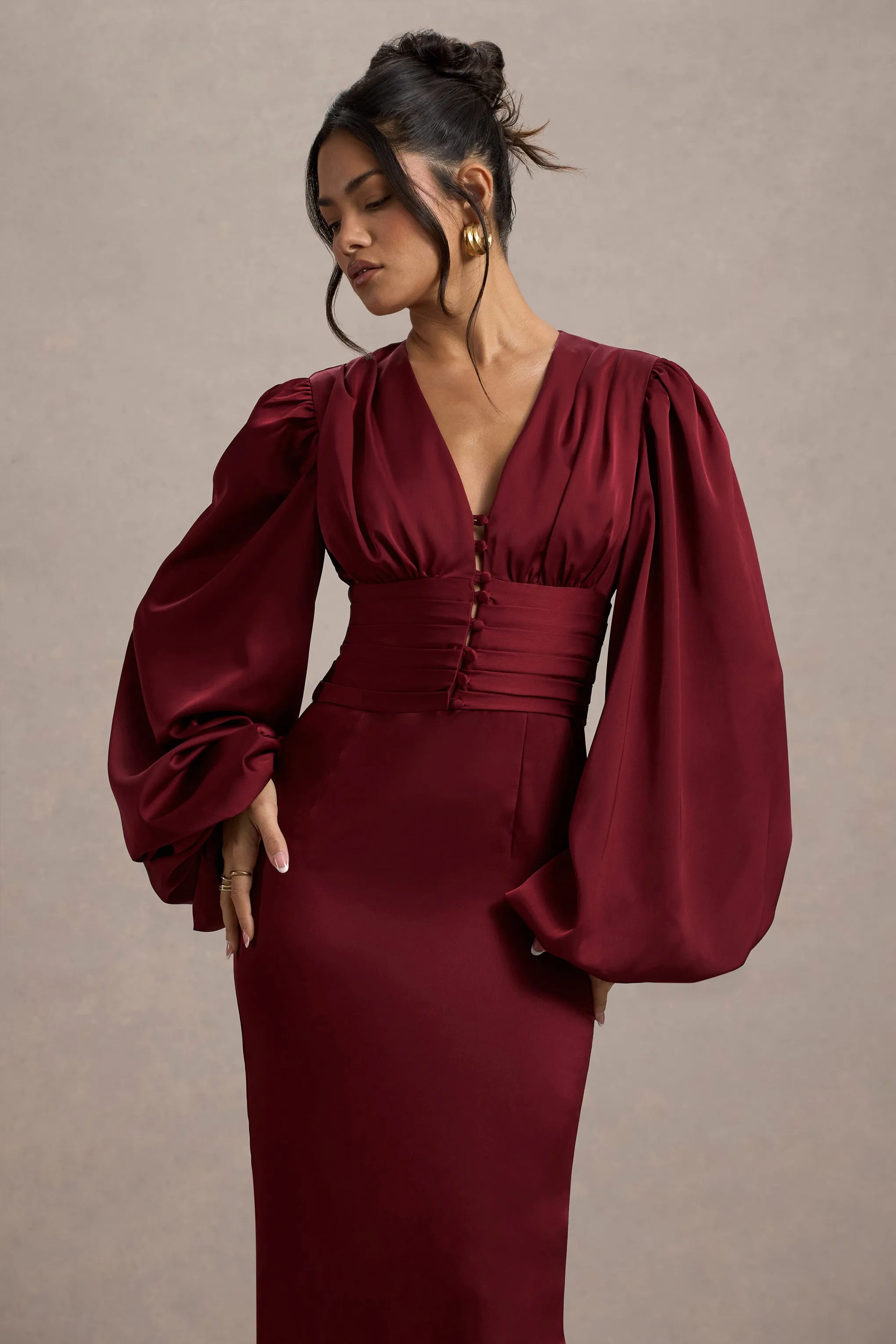 Helsinki | Berry Satin V-Neck Balloon Sleeve Maxi Dress sold by Club L London product image thumbnail 3