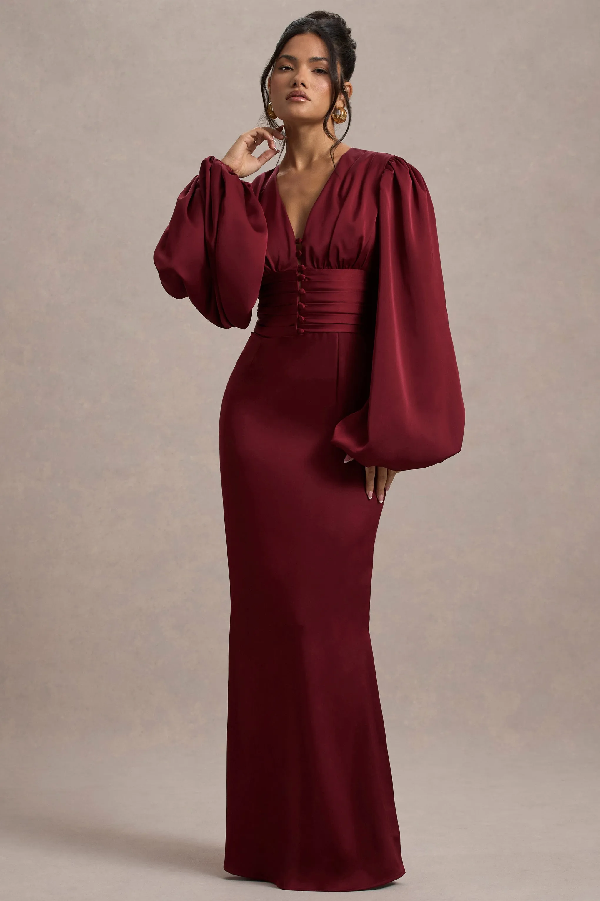 Helsinki | Berry Satin V-Neck Balloon Sleeve Maxi Dress sold by Club L London product image thumbnail 5