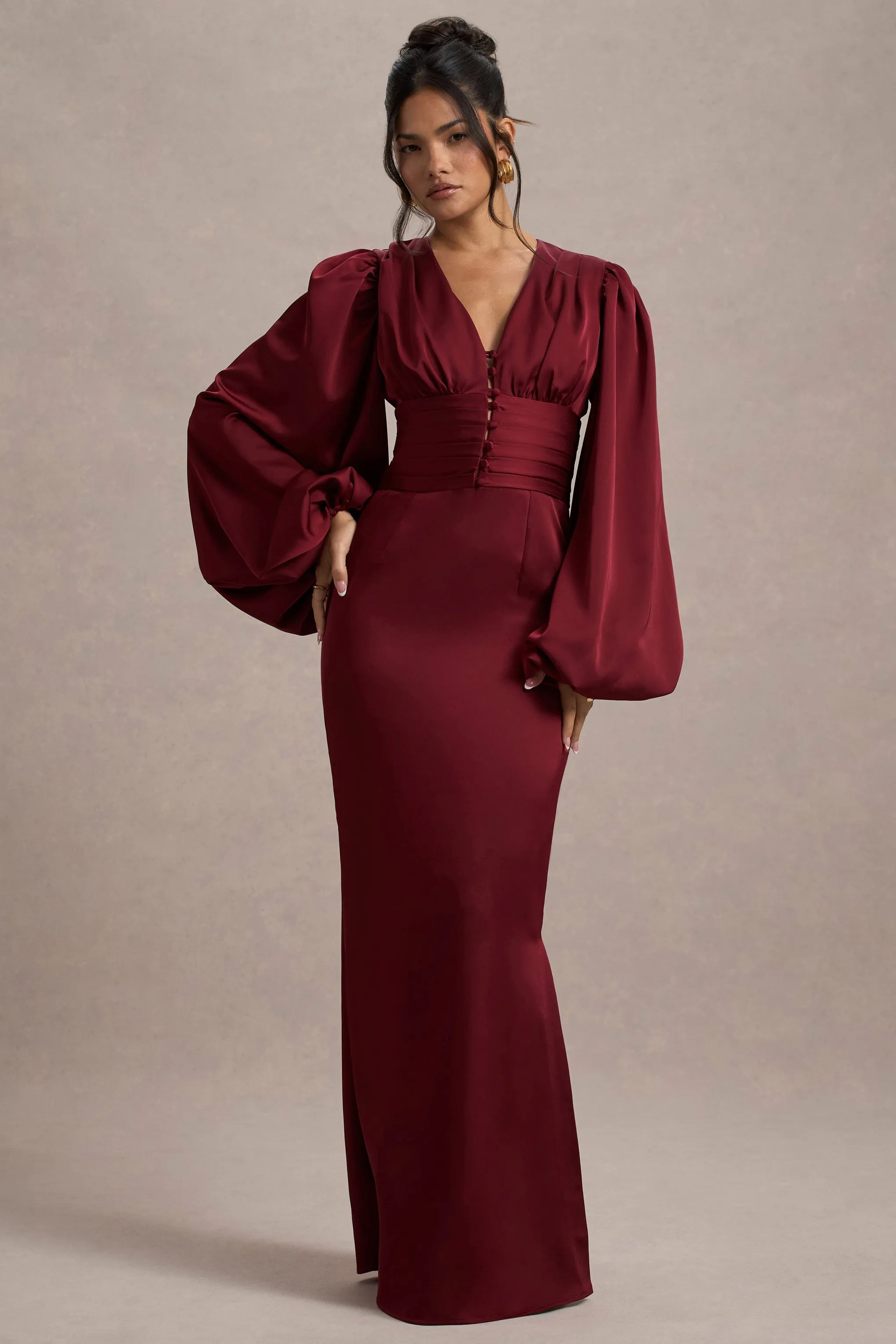 Helsinki | Berry Satin V-Neck Balloon Sleeve Maxi Dress sold by Club L London