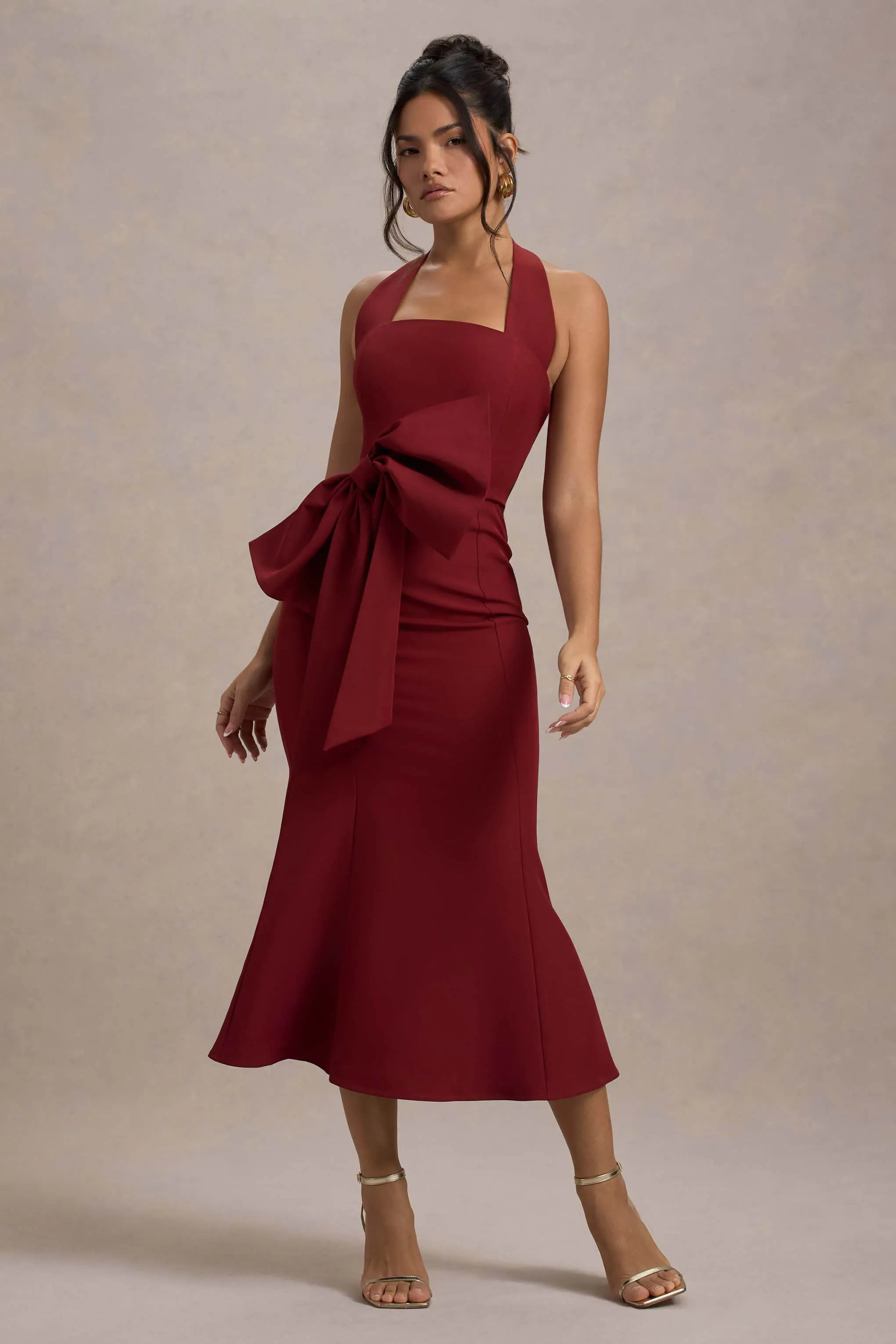 Aman | Berry Halter-Neck Midi Dress With Oversized Bow sold by Club L London product image thumbnail 3