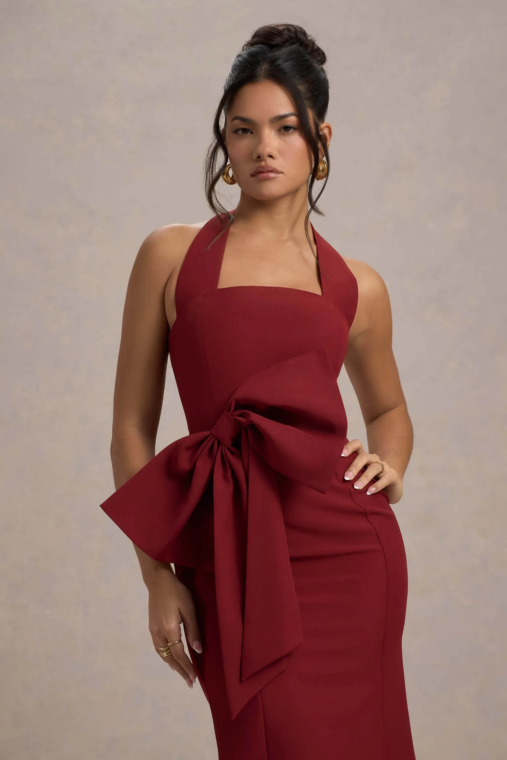 Aman | Berry Halter-Neck Midi Dress With Oversized Bow sold by Club L London product image thumbnail 4