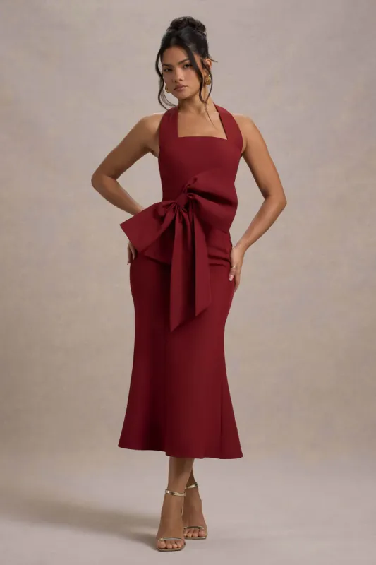 Aman | Berry Halter-Neck Midi Dress With Oversized Bow sold by Club L London