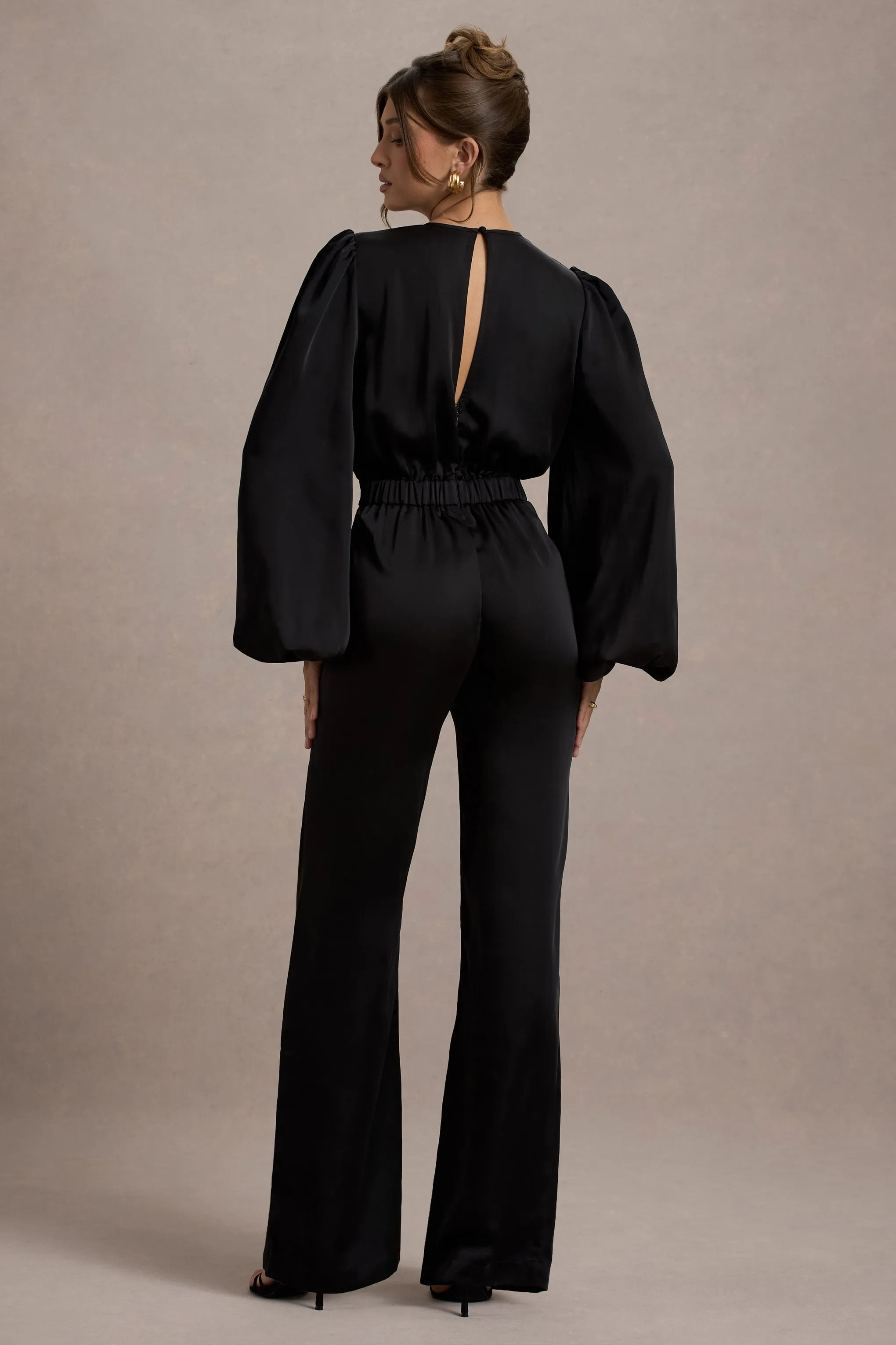 Suzanna | Black Satin Puff-Sleeve Wide-Leg Jumpsuit sold by Club L London product image thumbnail 2