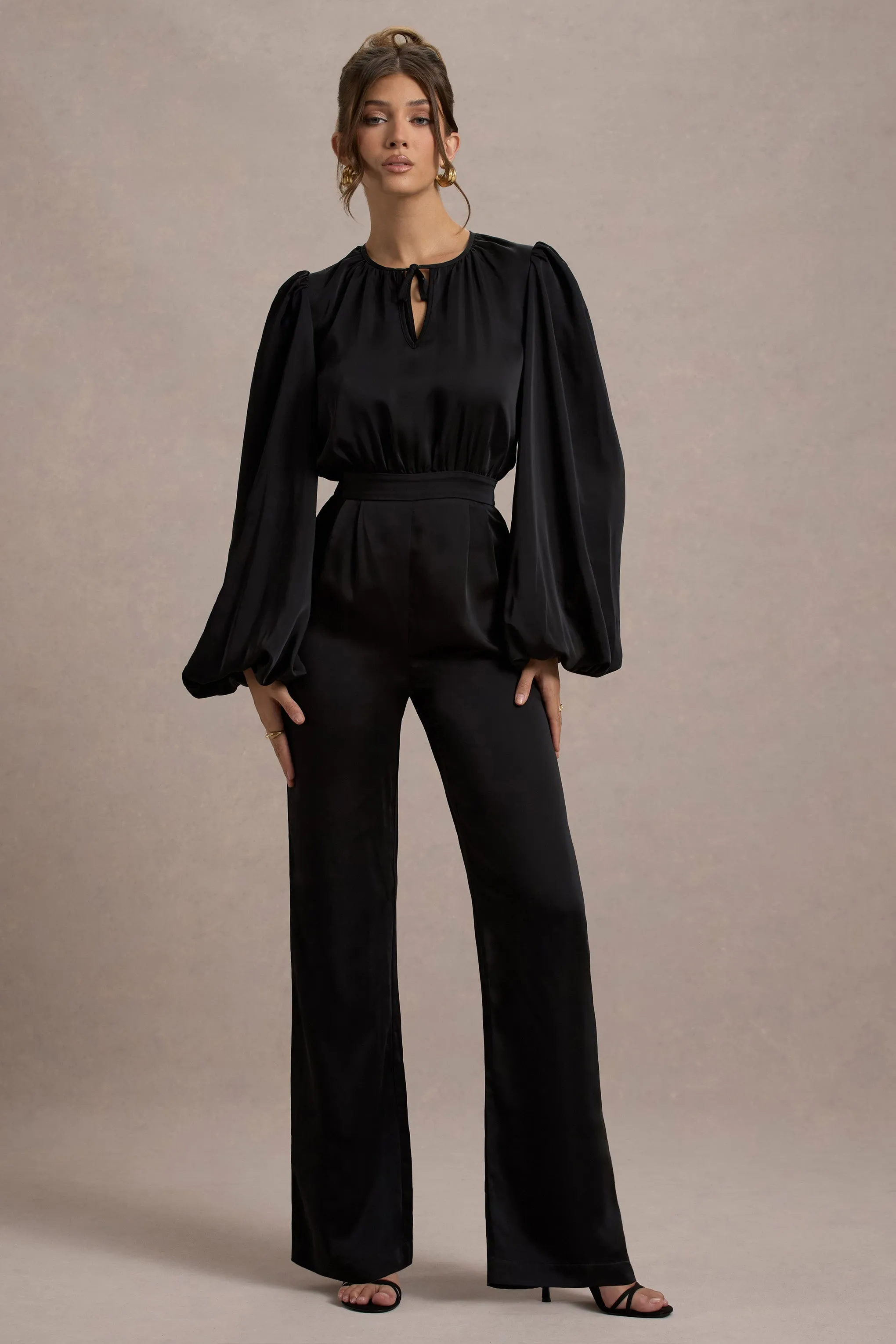 Suzanna | Black Satin Puff-Sleeve Wide-Leg Jumpsuit sold by Club L London