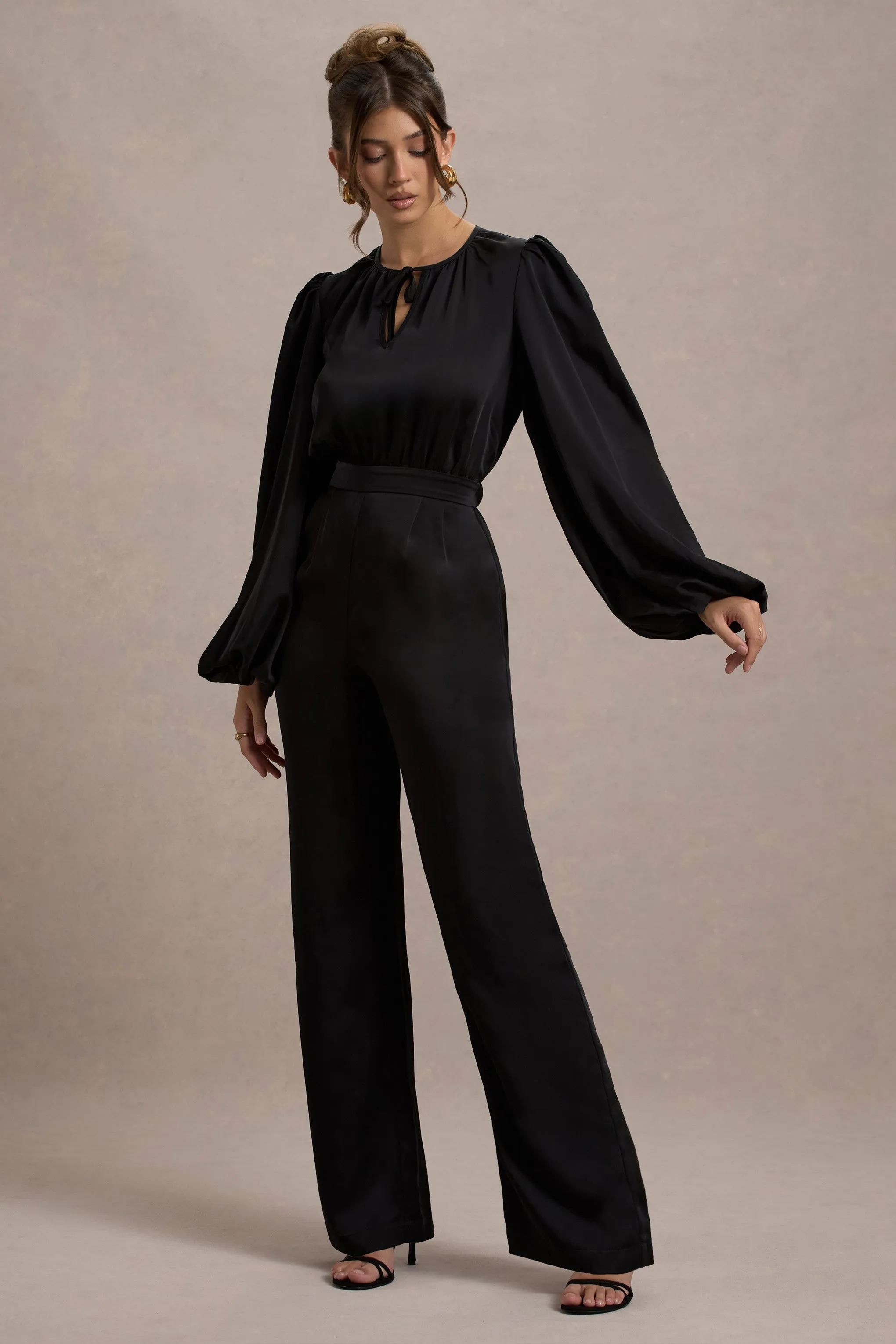 Suzanna | Black Satin Puff-Sleeve Wide-Leg Jumpsuit sold by Club L London product image thumbnail 5
