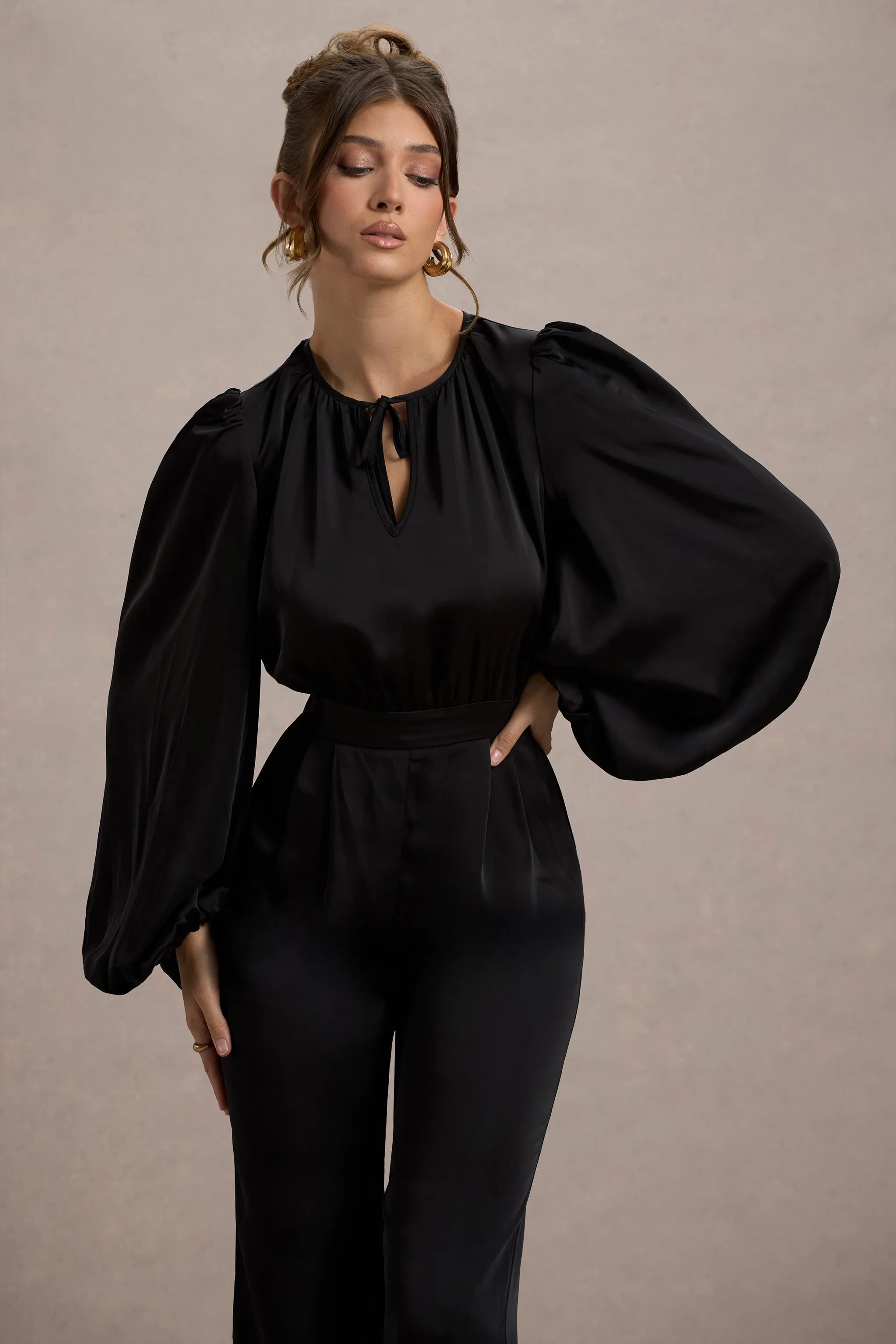 Suzanna | Black Satin Puff-Sleeve Wide-Leg Jumpsuit sold by Club L London product image thumbnail 3