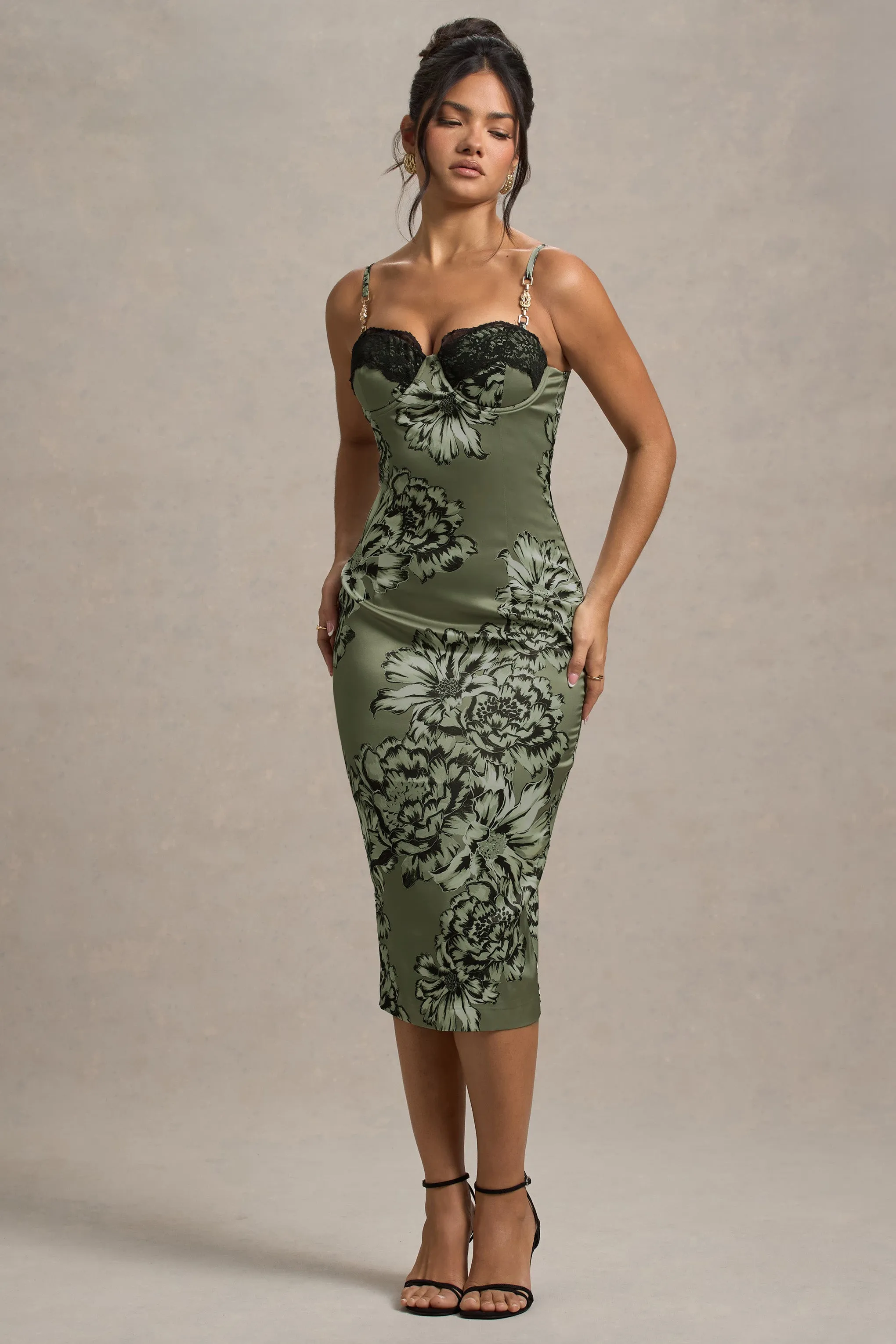 Soprano | Olive Floral Print Satin Sweetheart Lace Trim Midi Dress sold by Club L London product image thumbnail 5