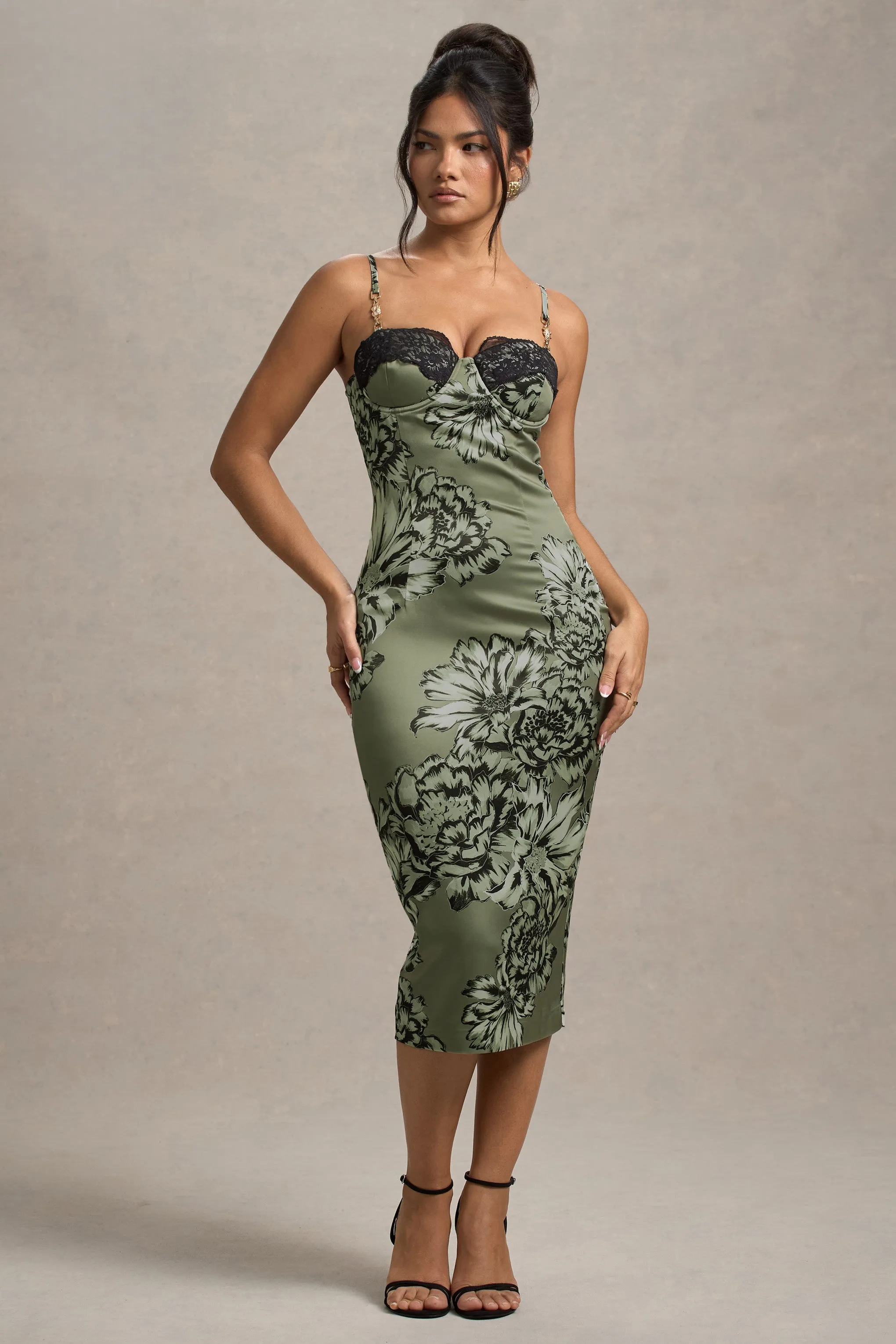 Soprano | Olive Floral Print Satin Sweetheart Lace Trim Midi Dress sold by Club L London product image thumbnail 2